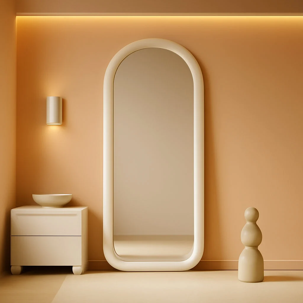 Elite Cream White Velvet Arched Floorstanding 55Inch Mirror Sustainable