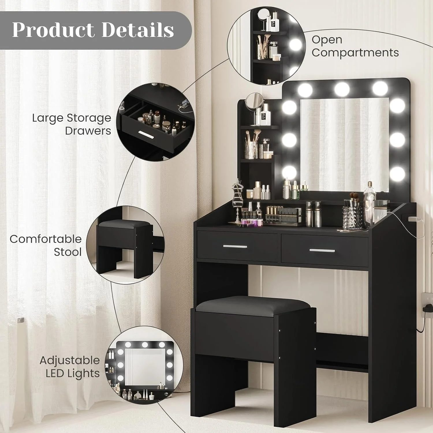 Fine Black Vanity Table Set With Illuminated Dimmable LED Environmentally Friendly