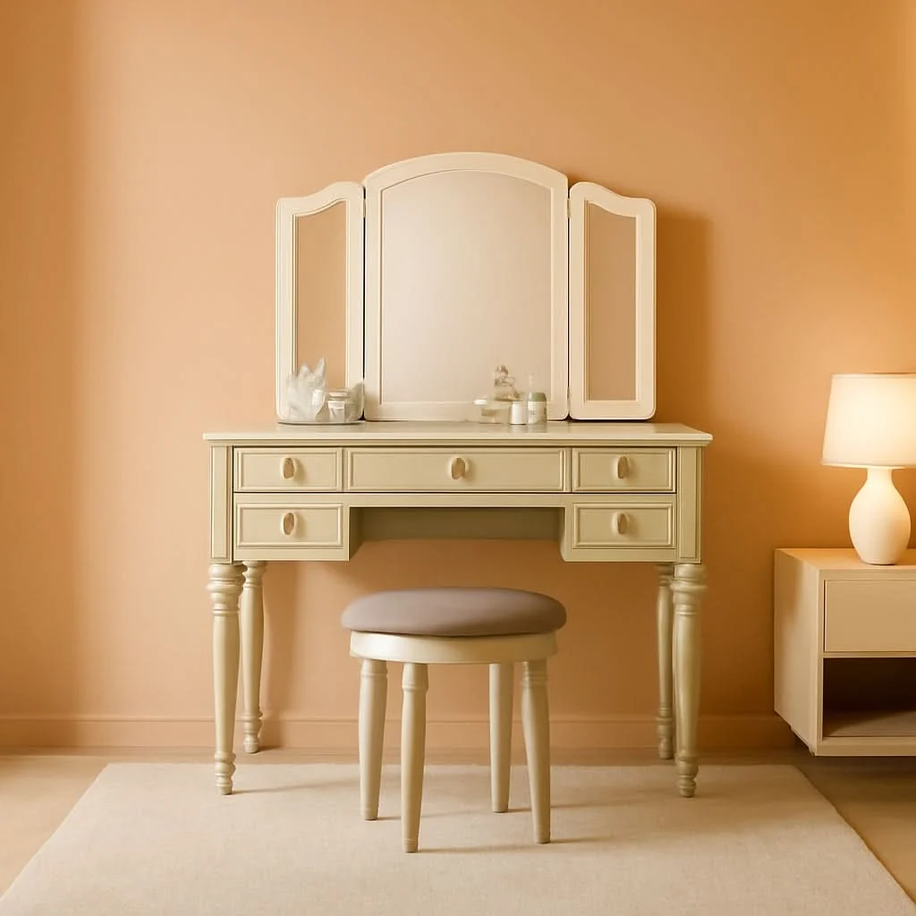 Top-Quality Silver St Croix Vanity Set With Tri Fold Mirror 5 Drawers Proven