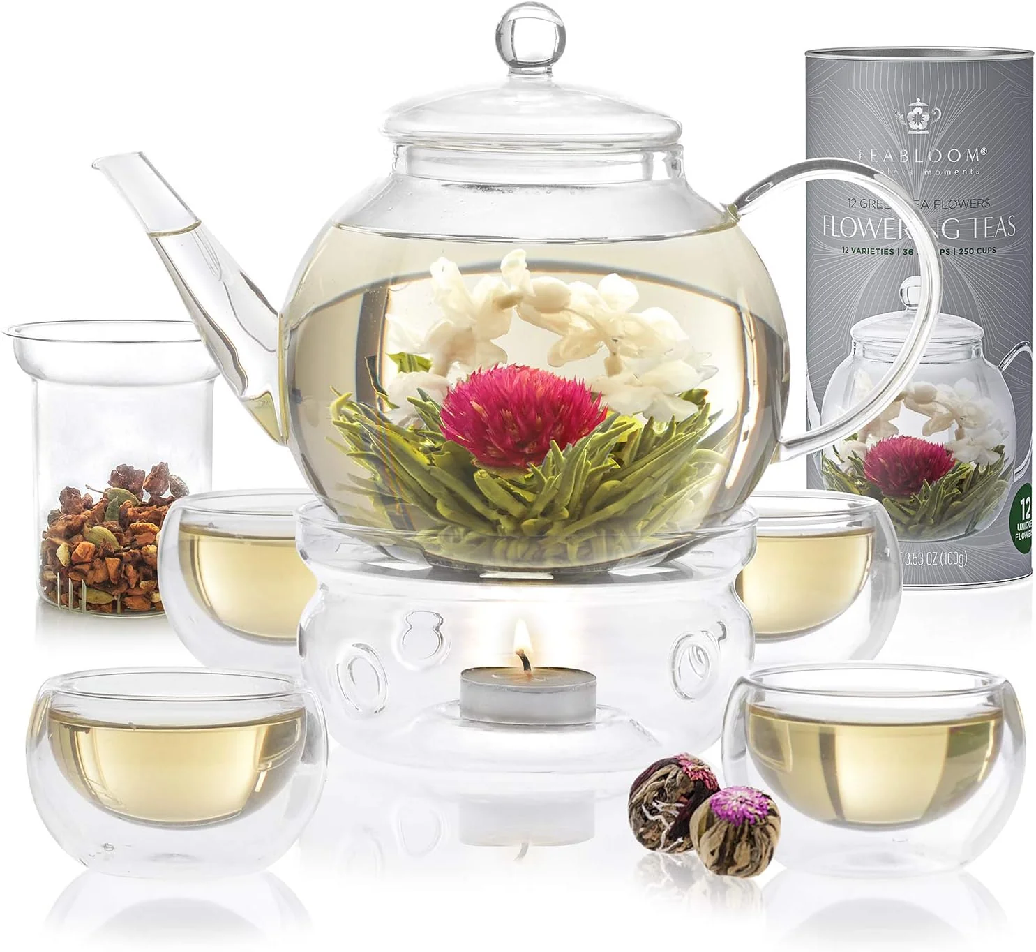 Powerful Teabloom Complete Tea Set – Glass Teapot 40 oz Loose Tea Glass Infuser 4 Insulated Glass Teacups Tea Warmer and 12 Flowering Teas User-Friendly