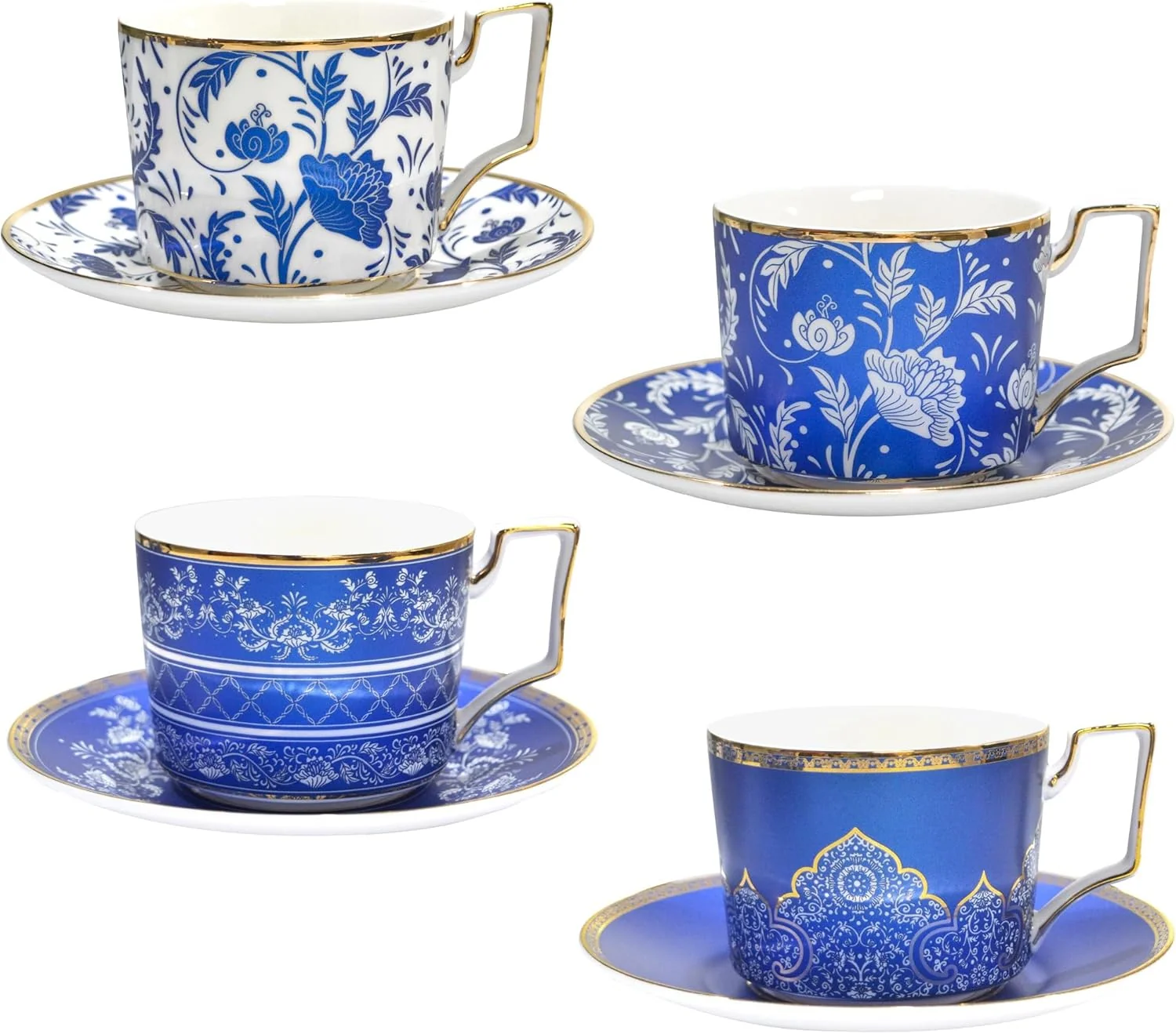 Easy-to-Use ACMLIFE Bone China Tea Cups and Saucers Set of 4 6.8 oz Blue and White Tea Cups Set of 4 with Gold Trim and Gift Box Blue-4 Innovative