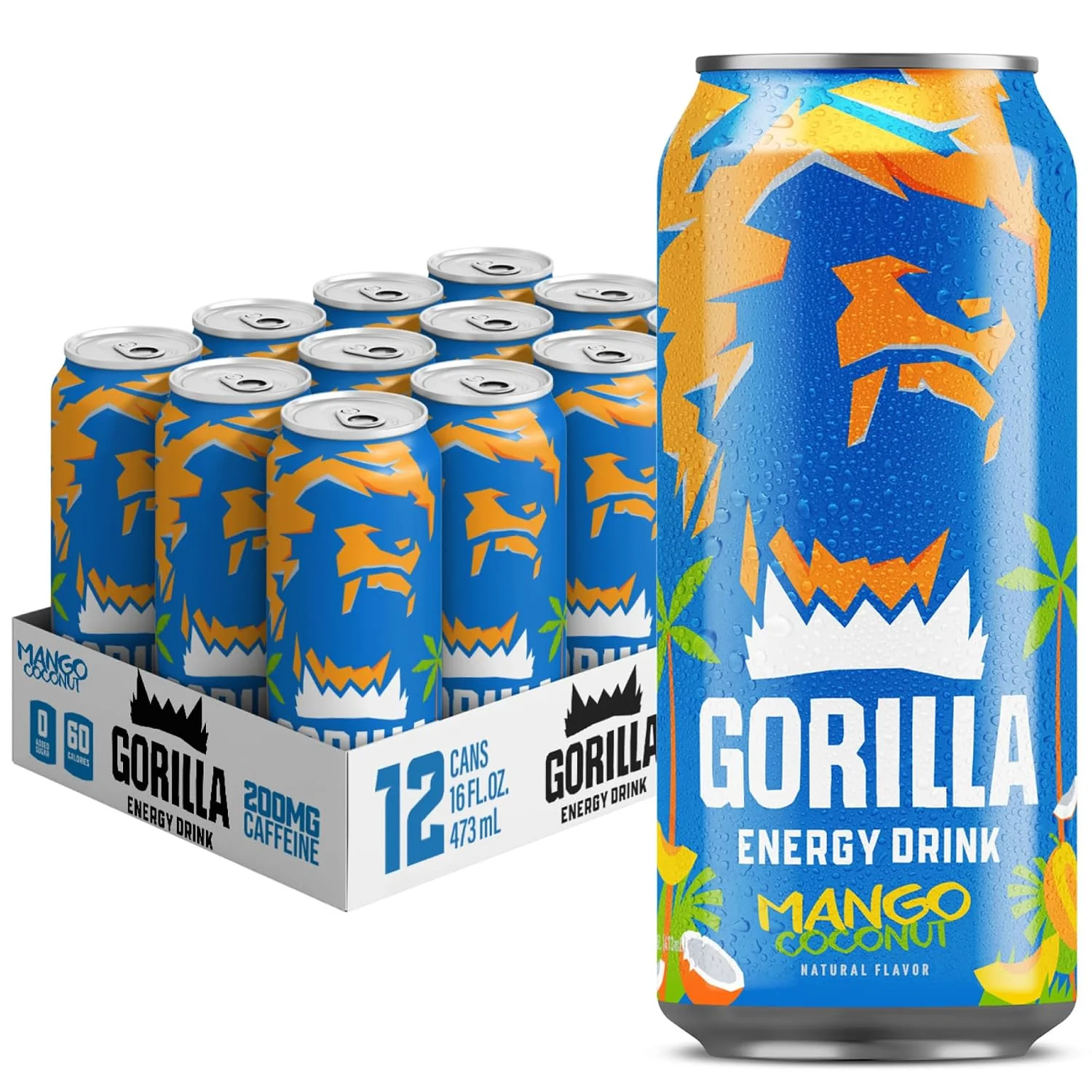 Expertly Made Gorilla Energy Drink Mango Coconut 200mg Natural Caffeine Fruit Juice Squeezed amp Concentrated L-Theanine Taurine Ginseng Acetyl L-Carnitine No Added Sugar and No Artificial Colors 12 Pack Enhanced