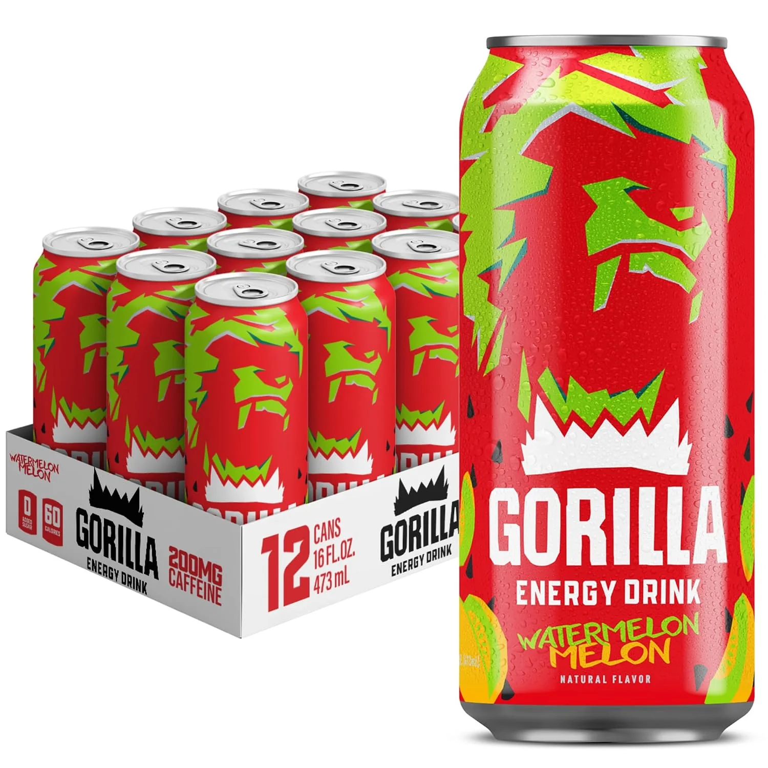Smart Gorilla Energy Drink Watermelon Melon 200mg Natural Caffeine Fruit Juice Squeezed amp Concentrated L-Theanine Taurine Ginseng Acetyl L-Carnitine No Added Sugar and No Artificial Colors 12 Pack Environmentally Friendly