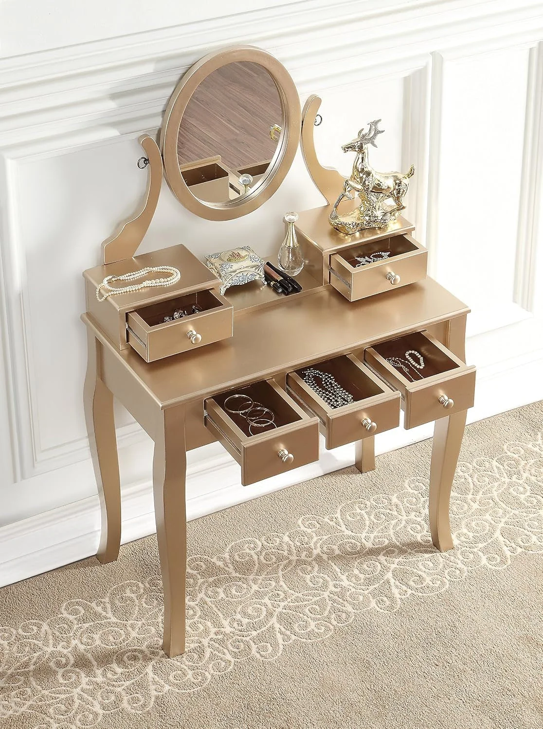 Contemporary Gold Makeup Vanity Table With Customizable Storage Durable