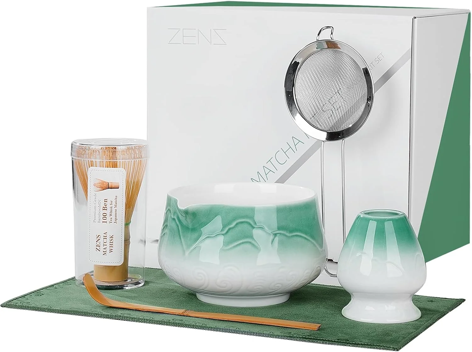 Recyclable ZENS Matcha Whisk Set Ceramic Matcha Set Includes Matcha Bowl Matcha Whisk and Holder Bamboo Scoop Stainless Sifter Tea Towel – 6Pcs Matcha Kit for Matcha Ceremony Blue Relaxed