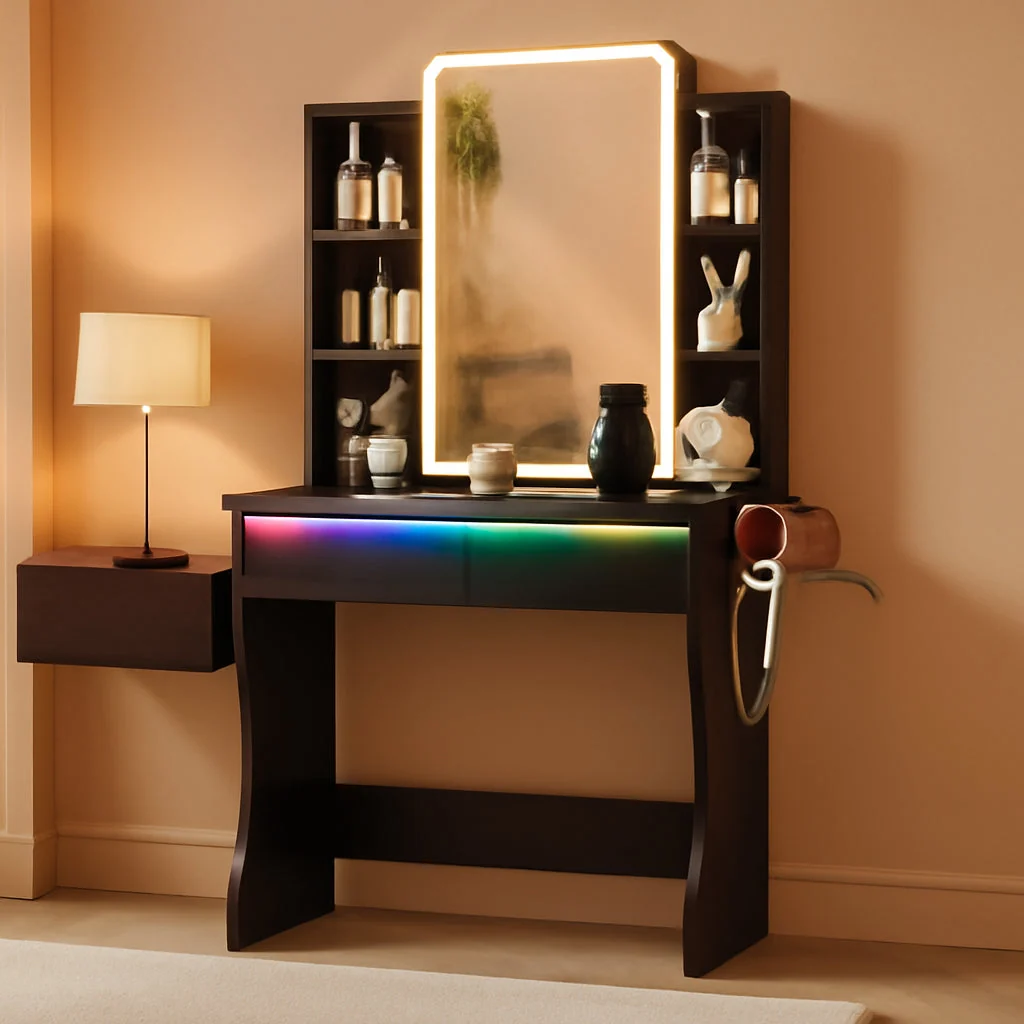 Lightweight Miniature Black Vanity Table With LED Illumination Minimalist