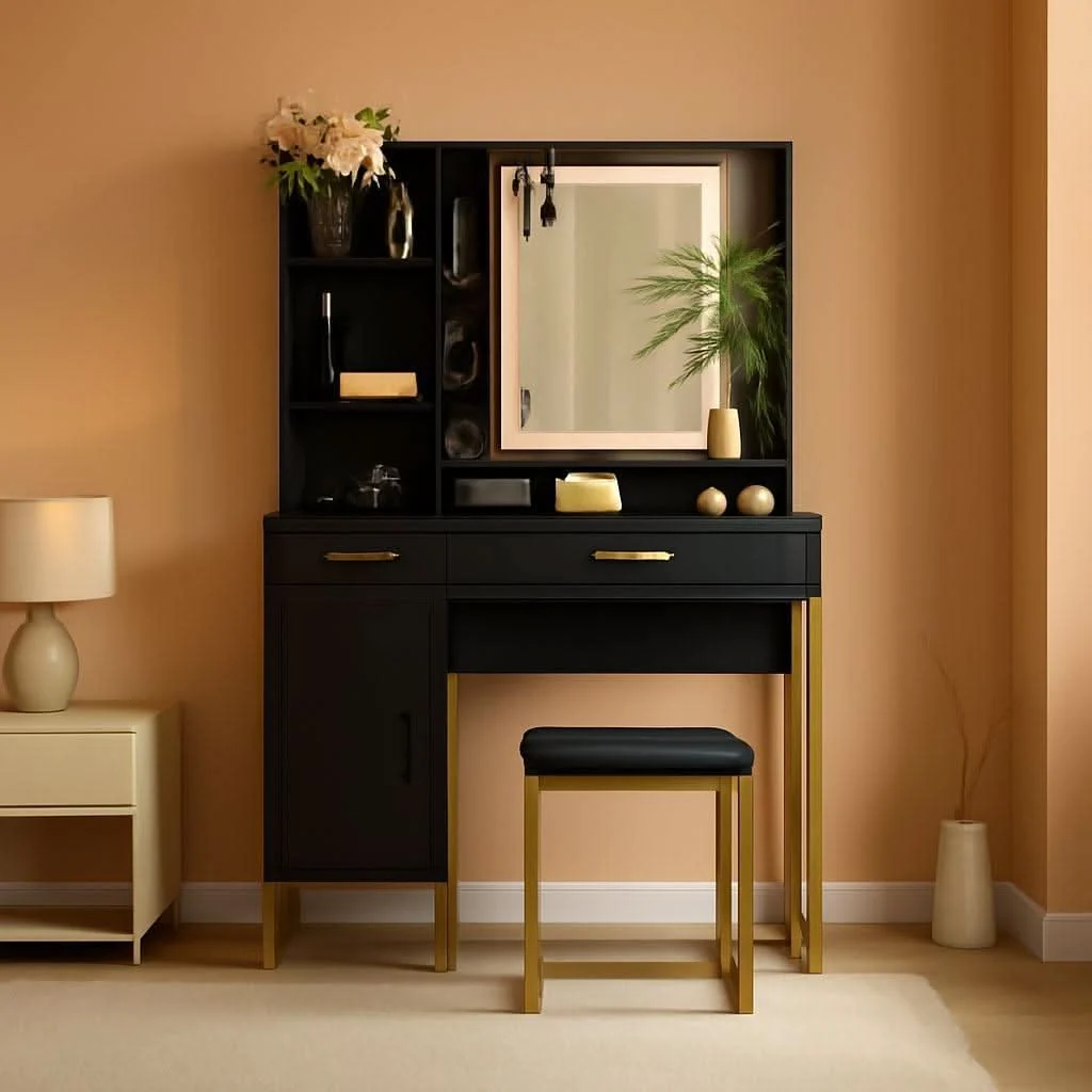 Proven Black Vanity Desk With Multifunctional LED Lighting Prestigious