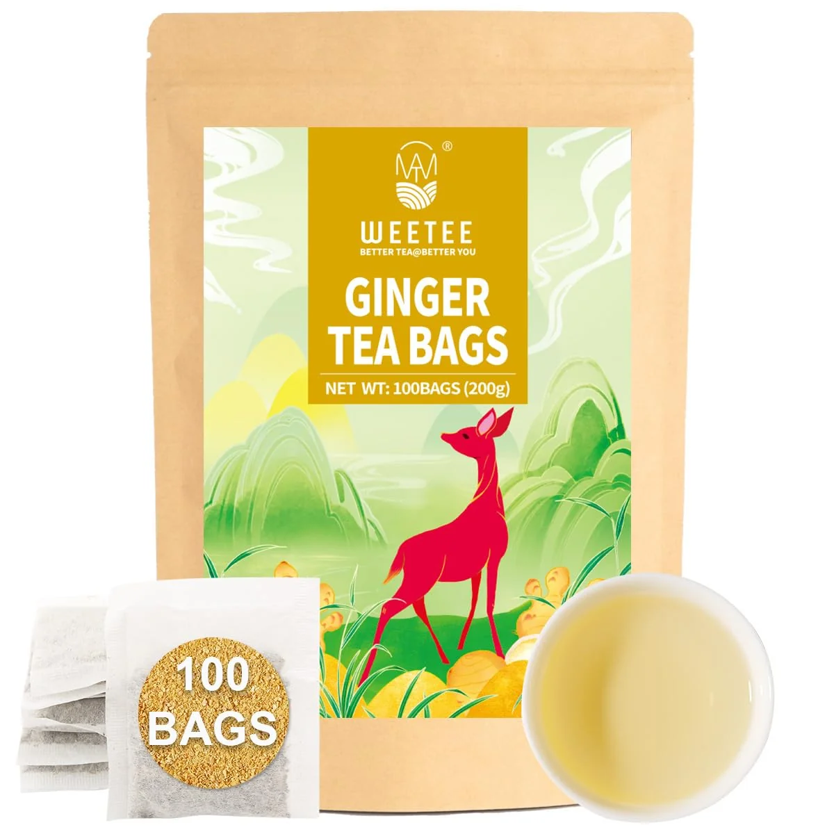 Premium WT Weetee Ginger Tea Bags 100 Count Pure Ginger Root Tea Warm Spicy Natural Caffeine Herbal Tea No Spices Flavors World-Class