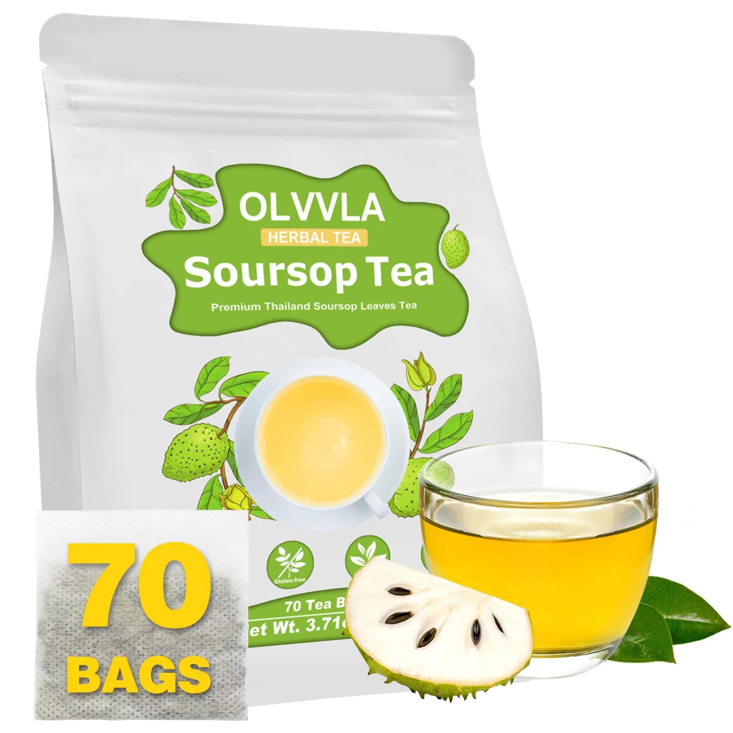 Professional Olvvla – Premium Soursop Tea Bags – 1.5g X 70 Count – Pure Natural Soursop Leaves Tea – Caffeine- – Non-GMO – Sourced from Thailand Effective