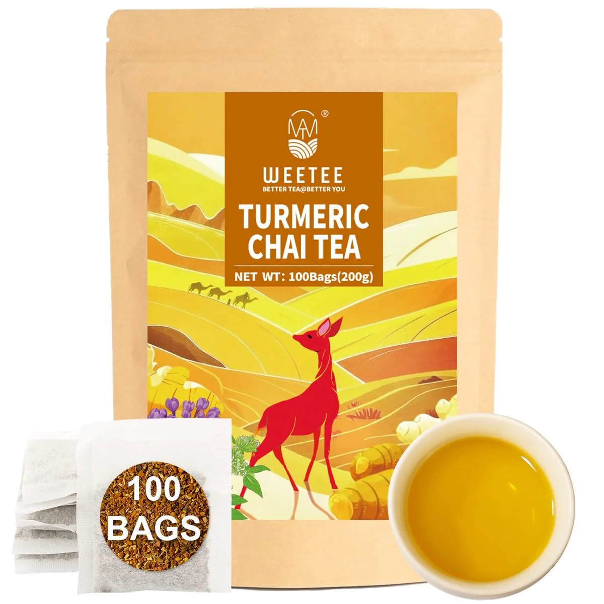 Modern WT WEETEE Turmeric Chai Tea Bags 100 Count Caffeine- Ginger Spiced Tea Warming amp Spicy Spice Herbal Blend with Cinnamon Cardamom amp Black Pepper Smooth Balanced amp Naturally Sweet Optimized