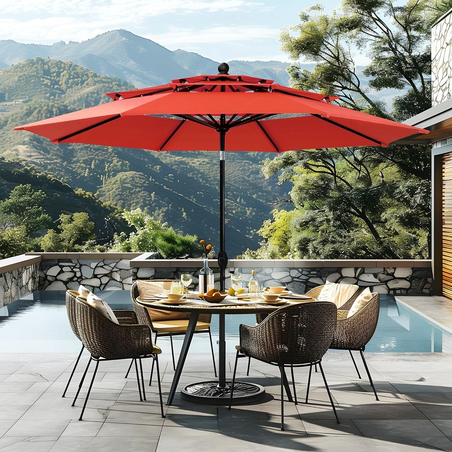 Pure 10Ft Auto Tilt Patio Umbrella Weather-Resistant Red Smart