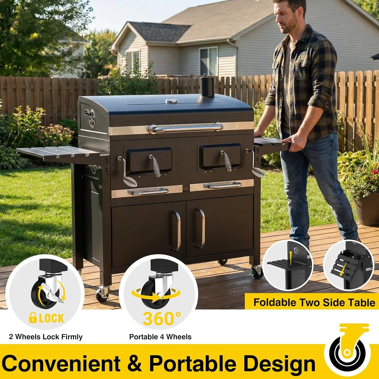 Official 63Inch Cabinet Charcoal Grill Smoker With FoldingTables Breathable
