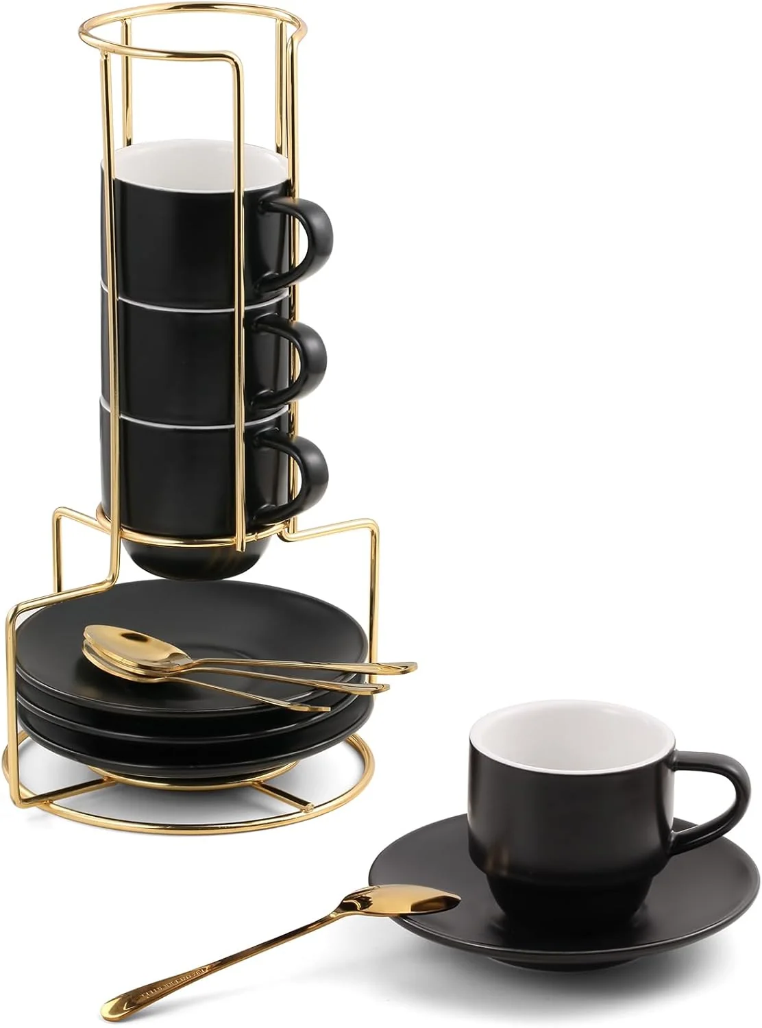 Authentic Lareina 3-Ounce Espresso Cups Set of 4 Small Stackable Coffee Cups with Saucers Spoons and Metal Stand Ceramic Demitasse Mugs Smooth