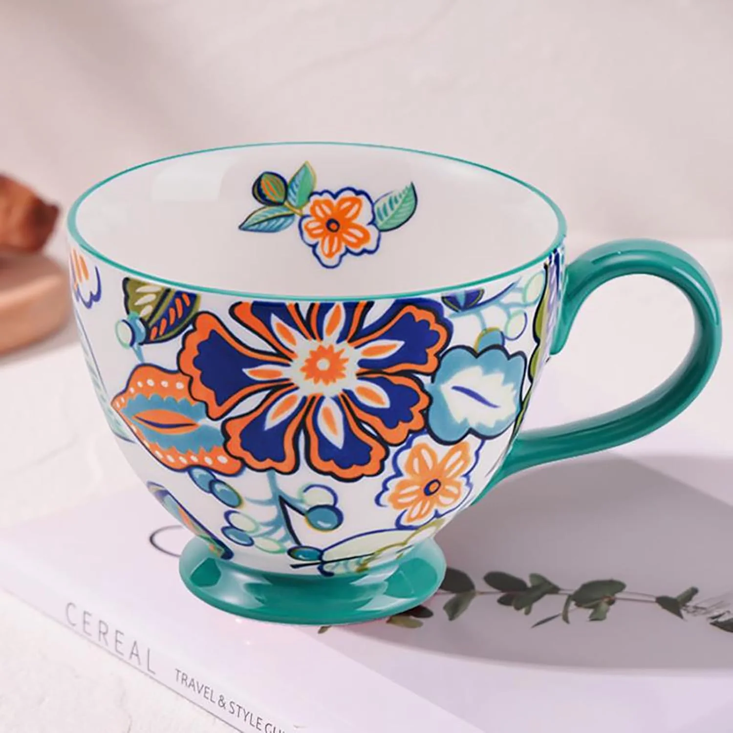 Natural Vintage Flower Mugs – Large Ceramic Coffee Mug 15oz – Cute Ce Cup for Breakfast Oatmeal Tea Hot Drinks Crafted