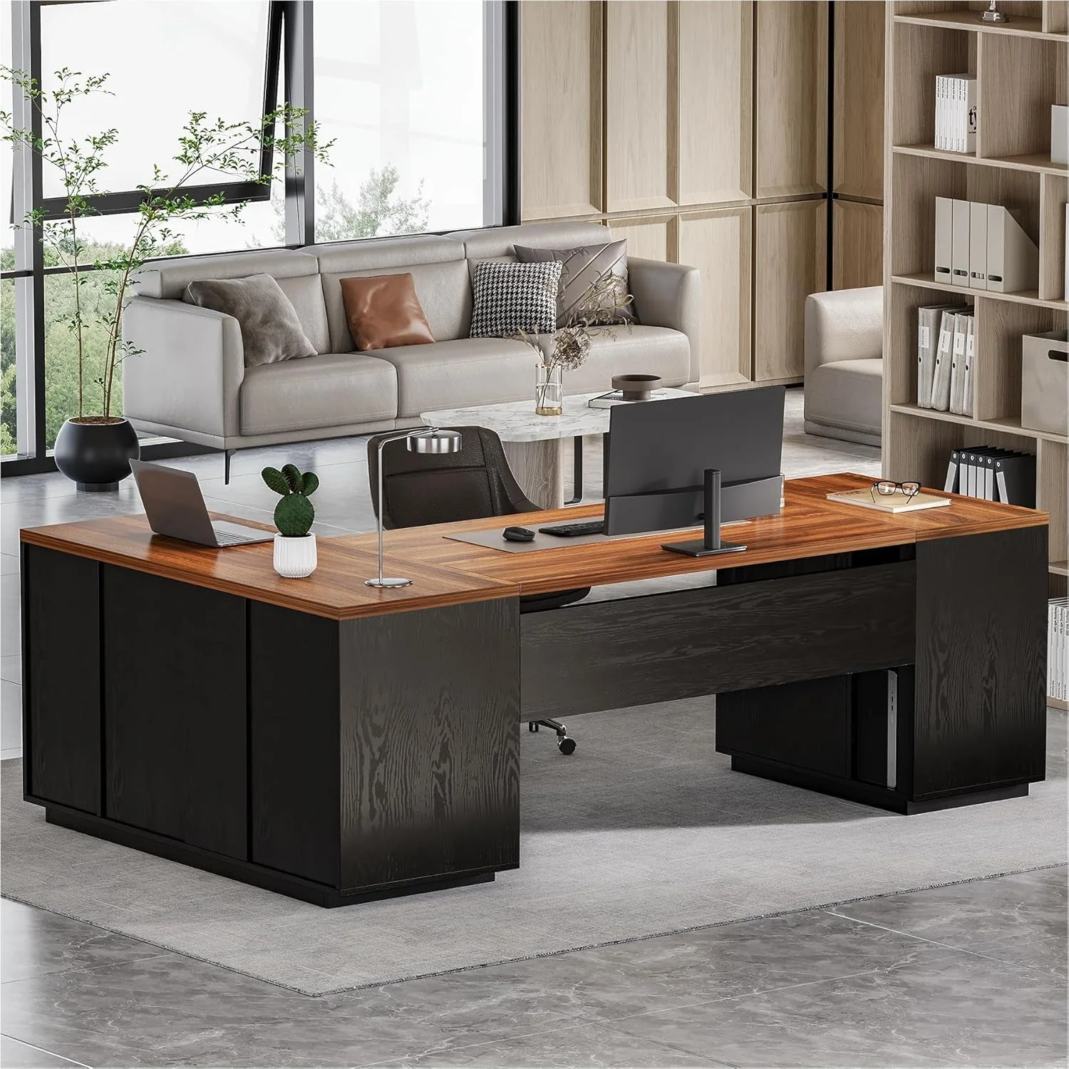 Optimized 87 Brown Executive Desk Integrated Filing Cabinetry Elegant