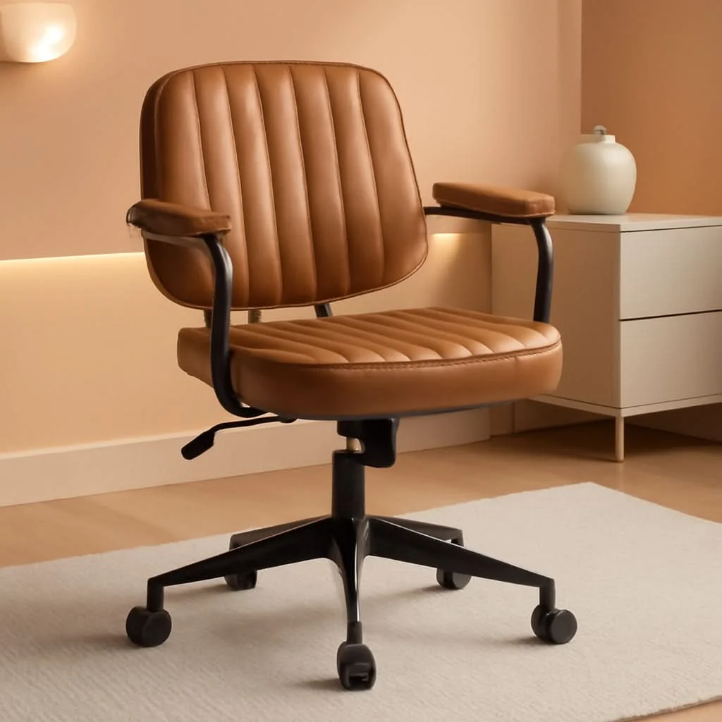 Relaxed Brown Desk Chair With Wheels And Armrests Adjustable Solid