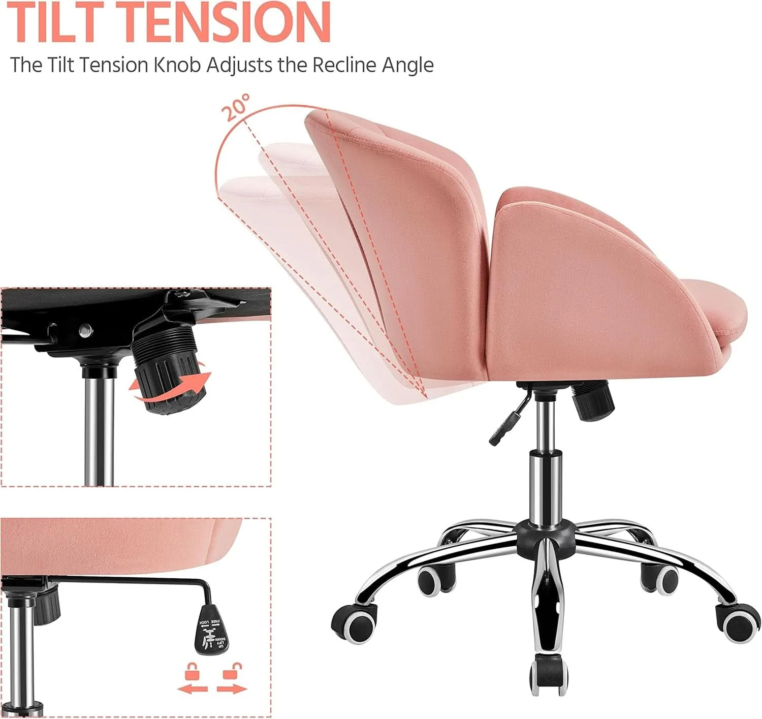 World-Class Pink Velvet Desk Chair With Wheels And Armrests Swivel Office Chair Soft
