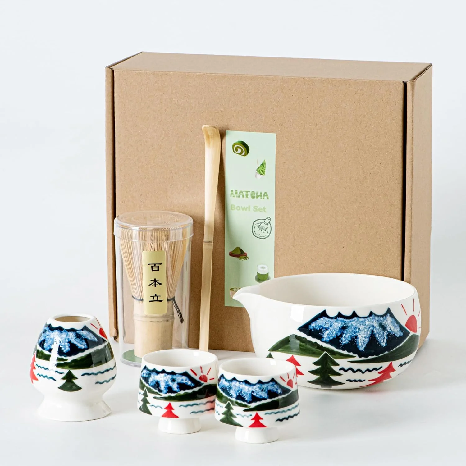 Solid Fuji Mountain Matcha Bowl Set – 6-Pcs Hand-Painted Scenic Japanese Tea Ceremony Kit Matcha Bowl with Spout 2 Cups Bamboo Whisk Relaxed