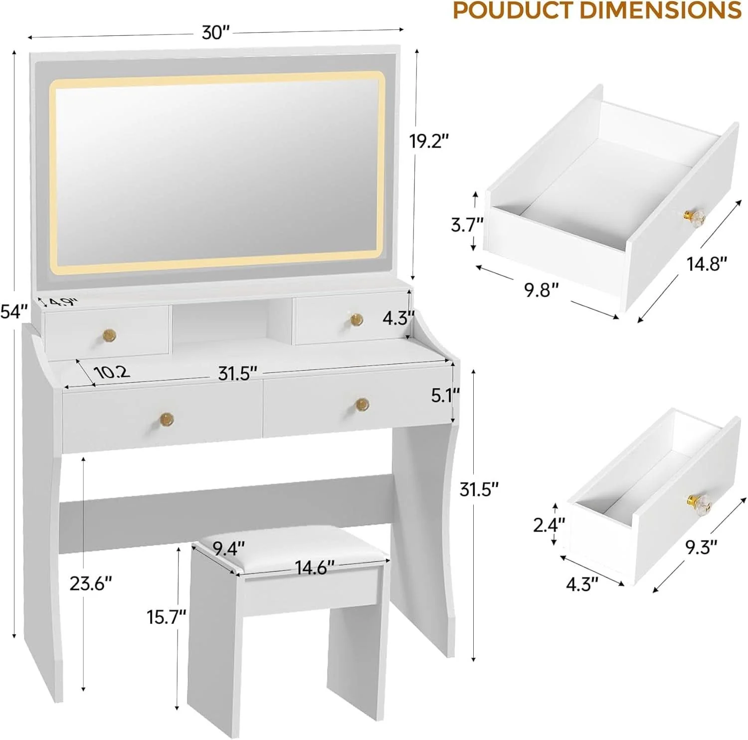 Eco-Friendly Makeup Vanity White Desk With Multifunctional Mirror Flexible