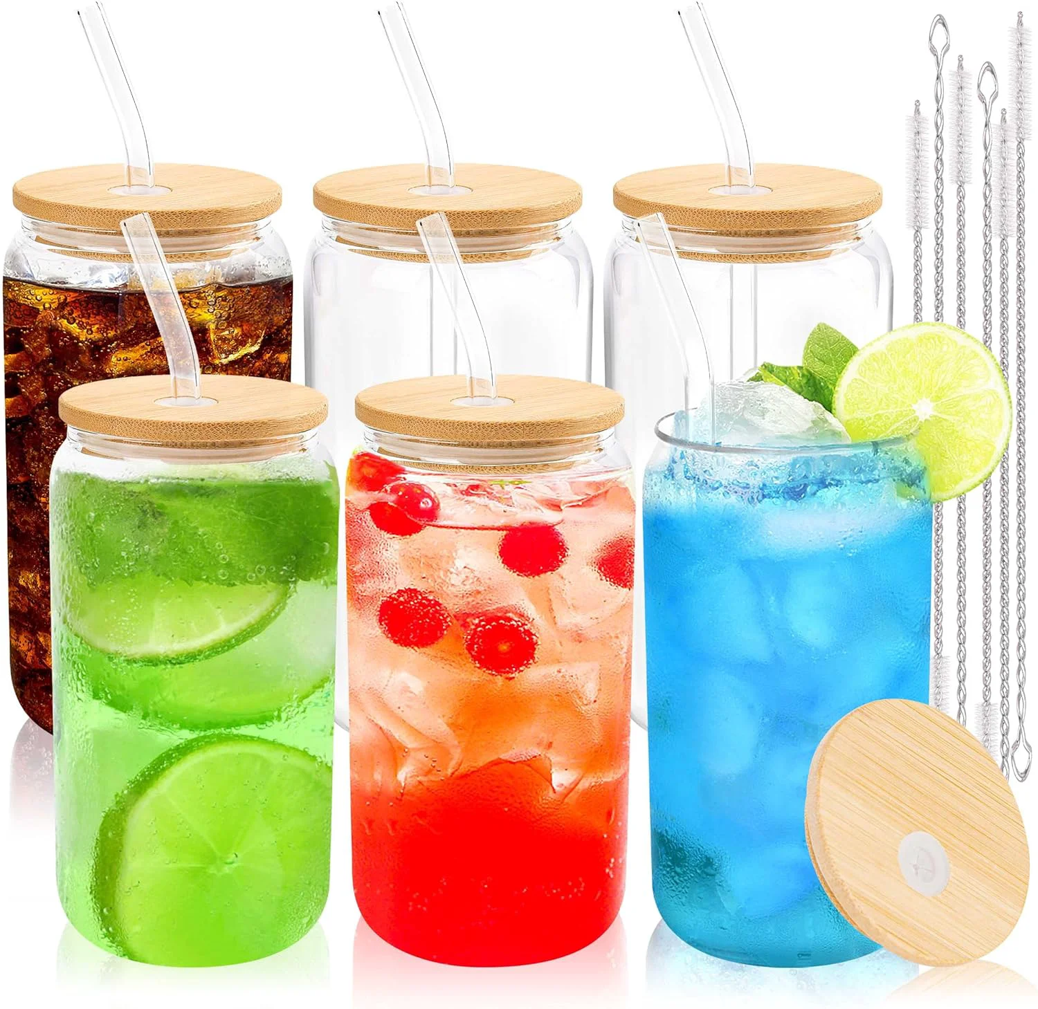 Refined Joyclub Glass Cups with Bamboo Lids and Straws 6 Set 16 oz Reusable Iced Coffee Cup Beer Can Drinking Jars for Smoothie Whiskey Boba Soda Tea Gift Practical