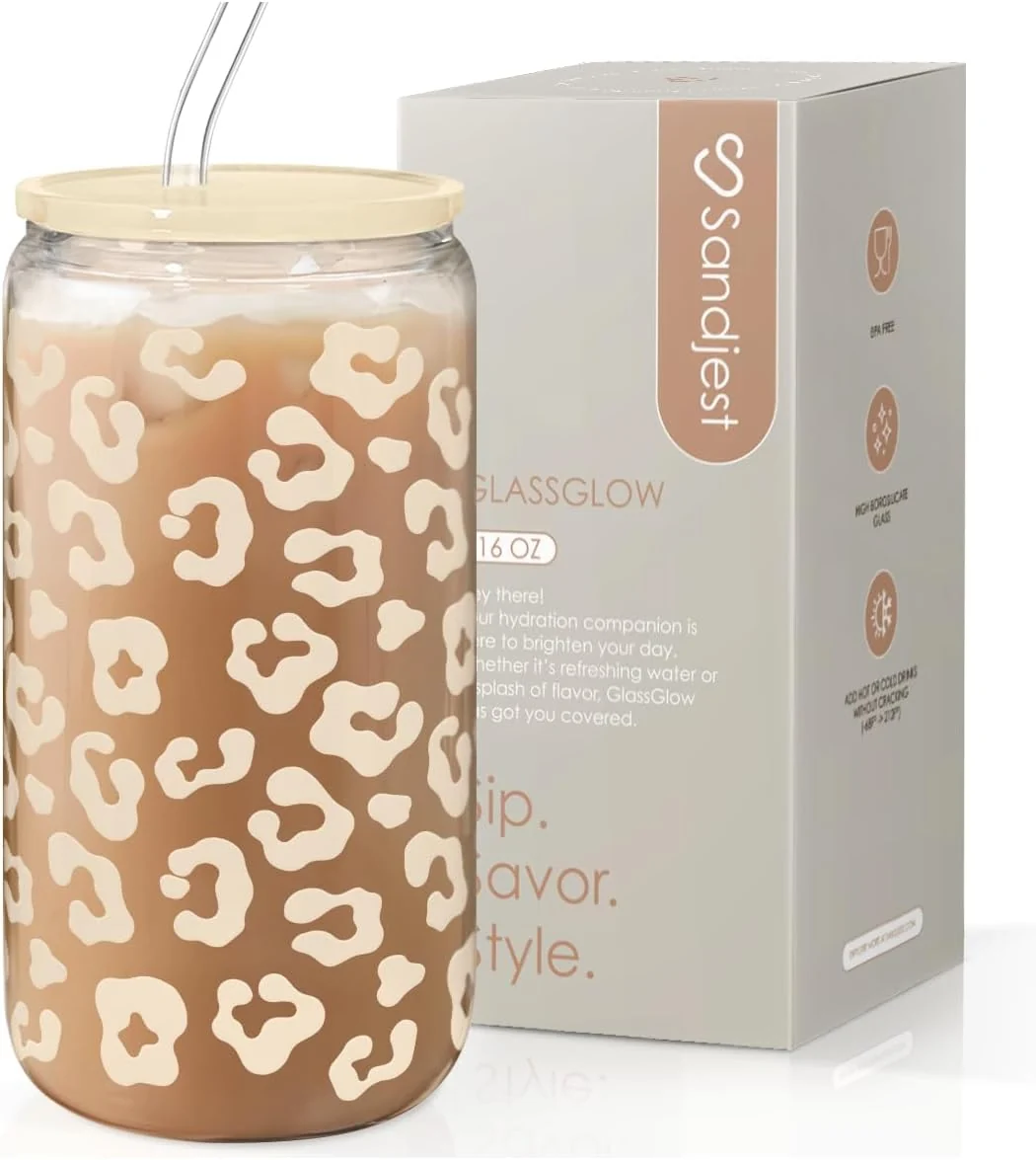 Premium Material SANDJEST Leopard Glass Can Beige Leopard Print Cup with Lid amp Straw Iced Coffee Aesthetic Cups Gift for Christmas Birthday Mother Day Gifts for Women 16oz User-Friendly