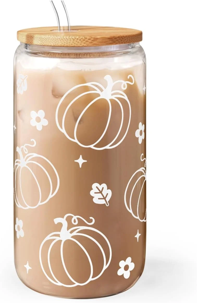 Reliable Pumpkin 16oz Can Glass Tumbler with Acrylic Lid Straw Iced Coffee Cup for Women Girls Fall Aesthetic Cups Gifts Relaxed
