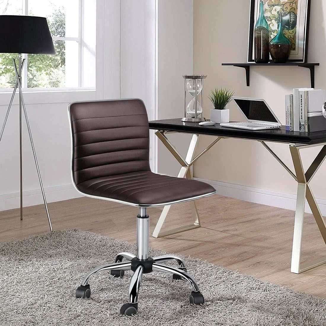 Soft Brown Armless Office Chair With Adjustable Height For Desk Fine