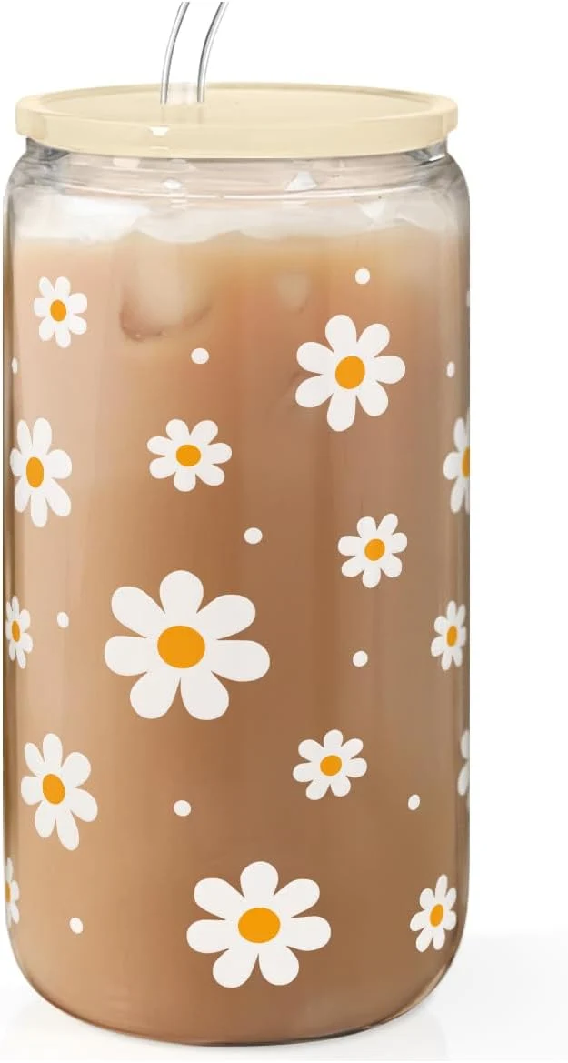 Certified Daisy 16 Oz Can Glass Tumbler with Acrylic Lid and Straw – Iced Coffee Cups for Women Aesthetic Glass Cup Gift for Birthday Christmas Original