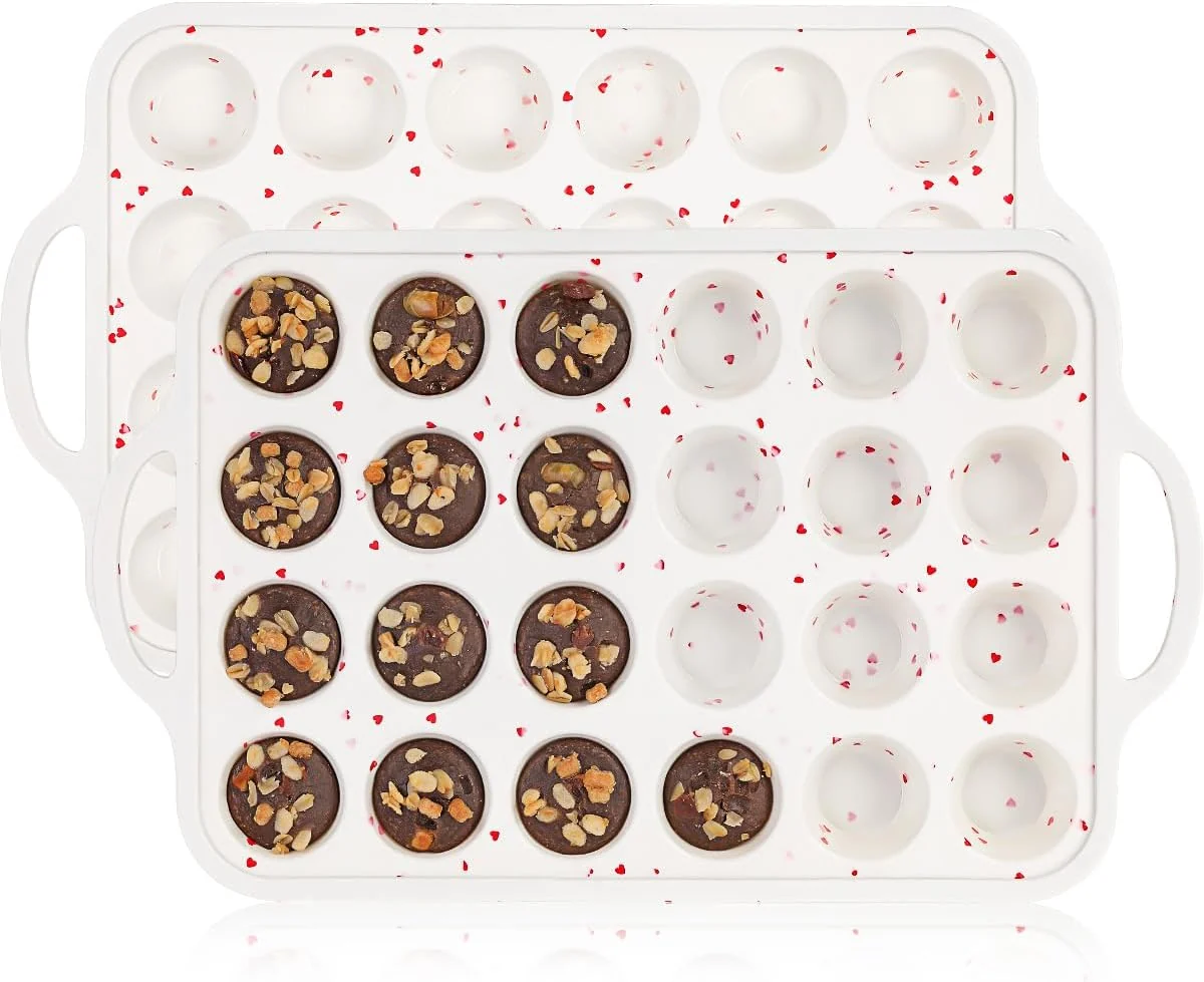 Next-Generation CAKETIME Mini Muffin Pan Metal Reinforced Frame Mini Cupcake Pans 24 Cups Nonstick Muffin Silicone Molds with Handle for Baking Muffins Cupcakes Egg Bites 2 Pack Heart-Shaped Carefully Designed