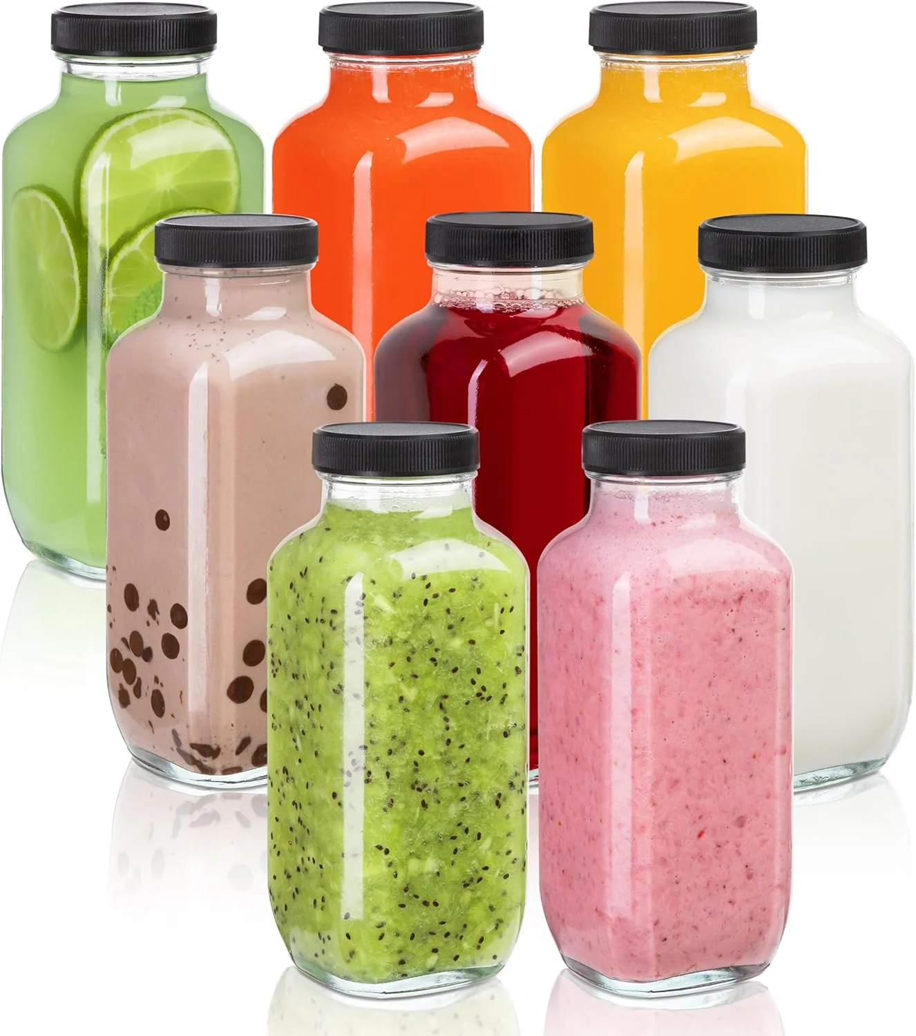 Effective Juice Bottles with Lids 16 Oz - Set of 8 - Clear Glass Jars with Caps - Reusable Empty Drink Containers for Juicing Smoothies Water Milk Secure