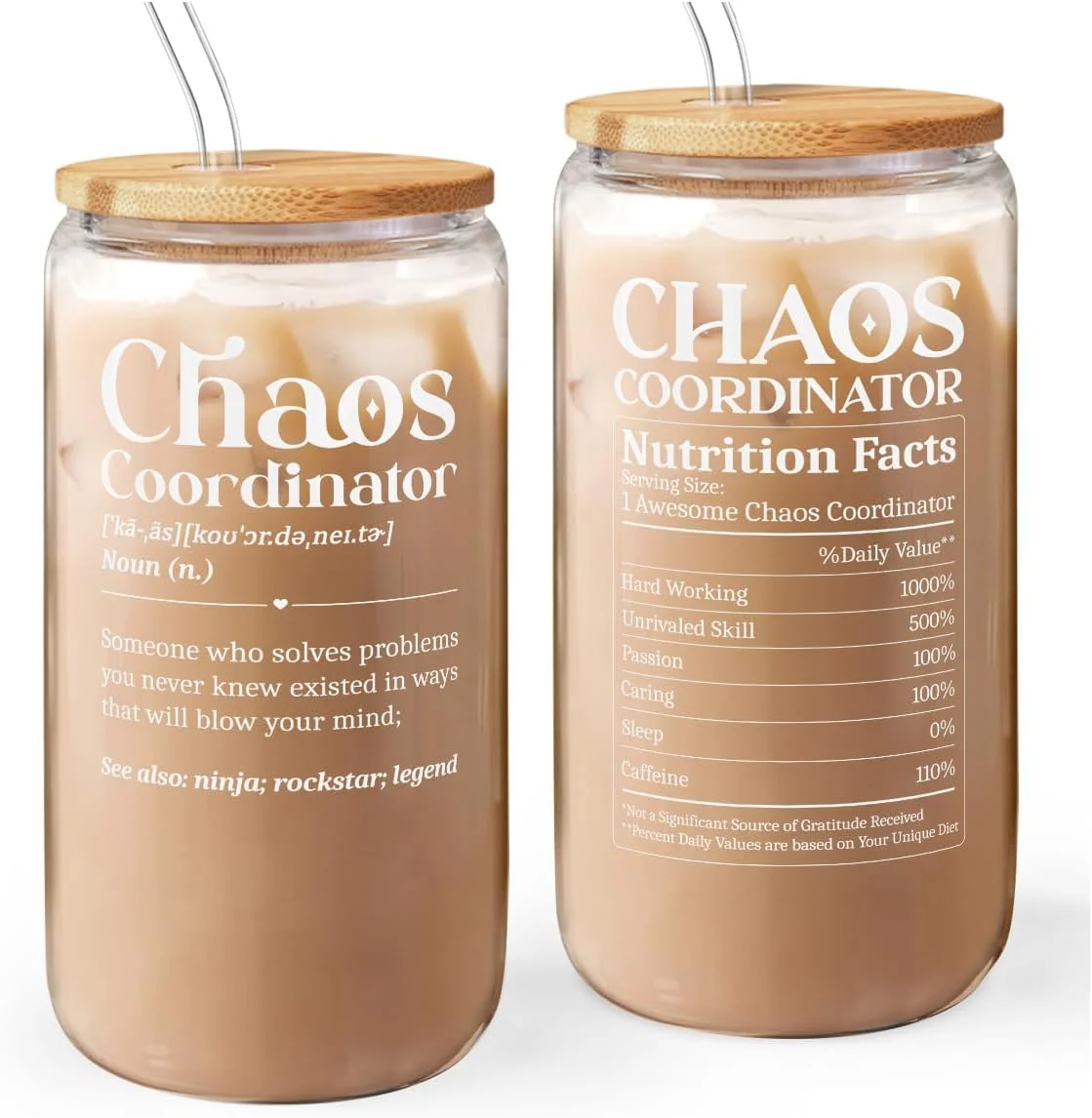 Modern Chaos Coordinator 16oz Can Glass Tumbler with Bamboo Lid Straw Iced Coffee Cup for Female Coworker Friends Colleagues Long-Lasting