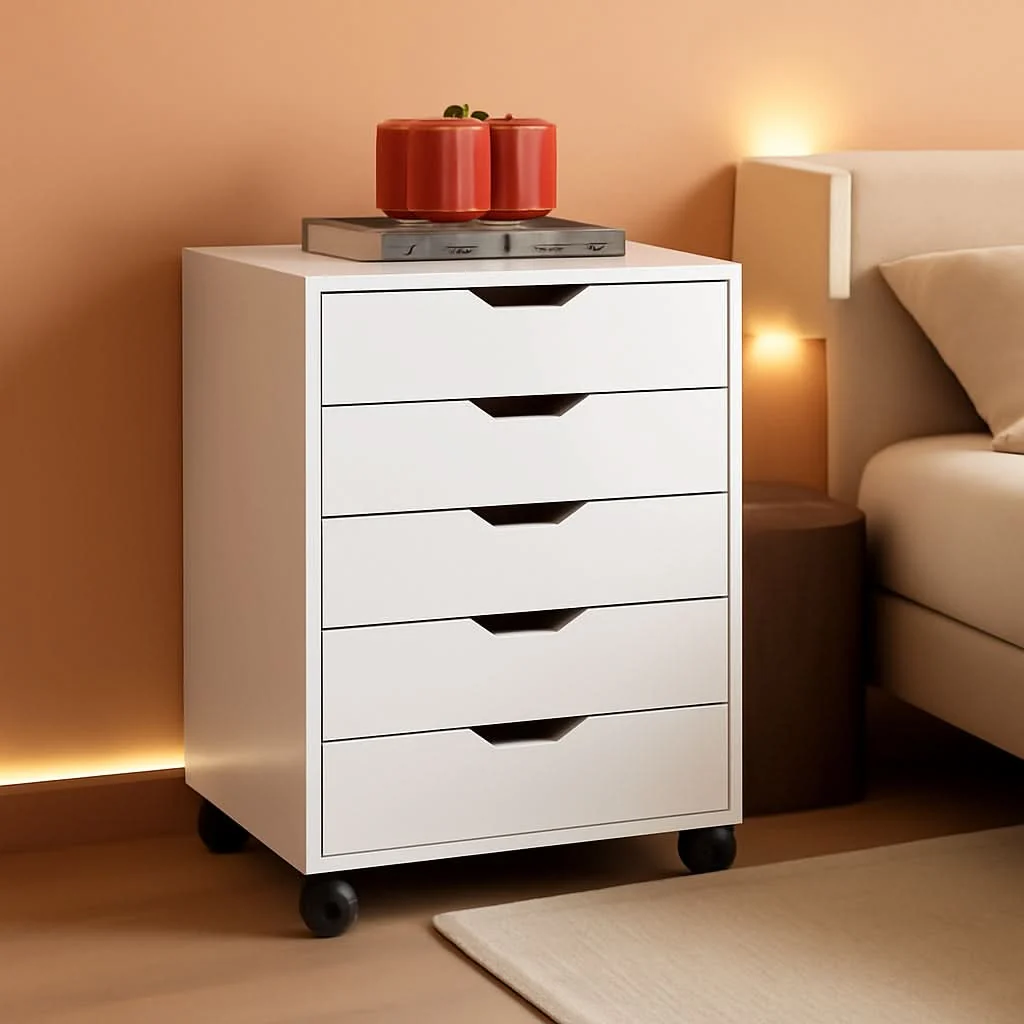 Fashionable White 5 Drawer Wood File Cabinet With Wheels For Office Outstanding