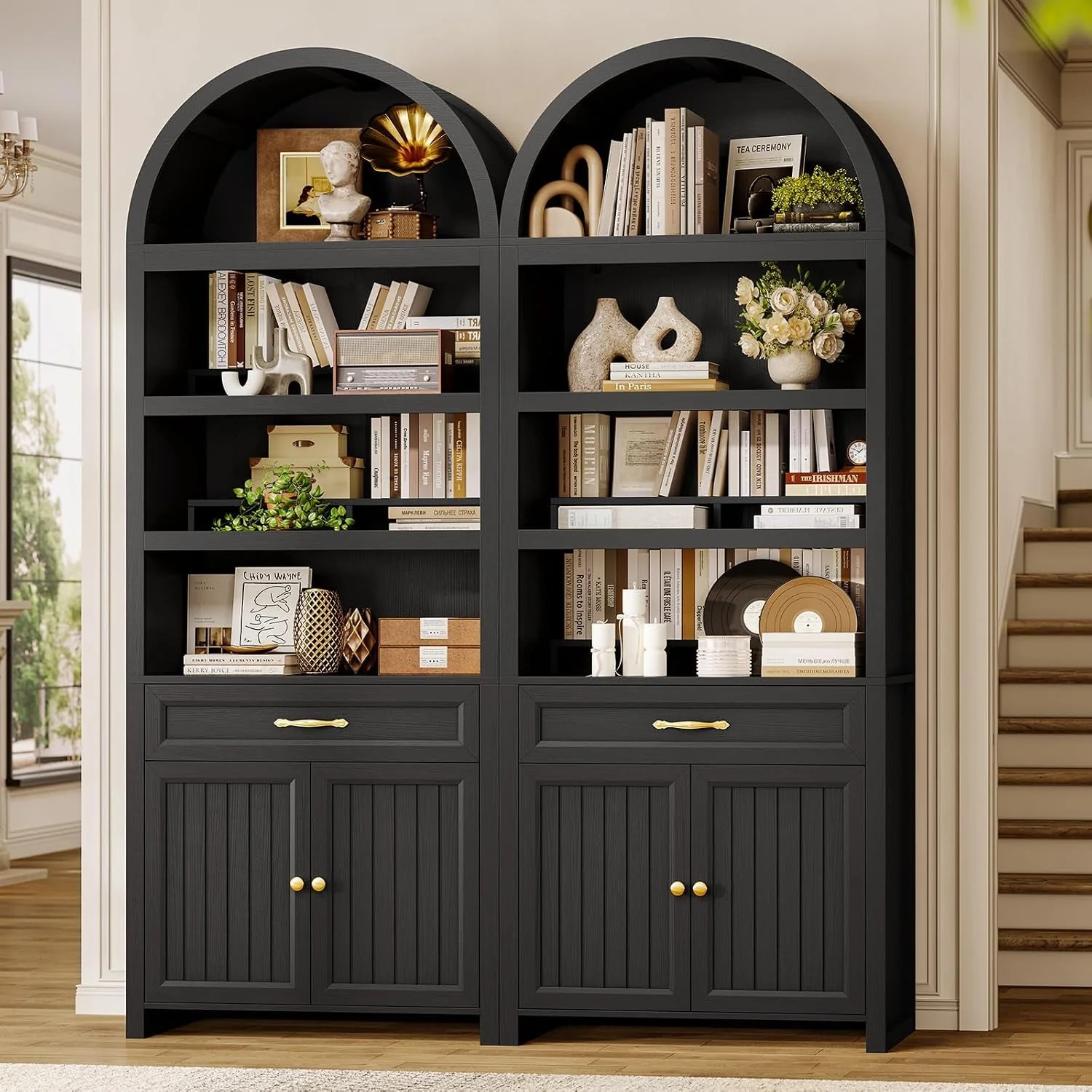 Elite Modern Arched Black Bookcase With Adjustable Shelves Lightweight