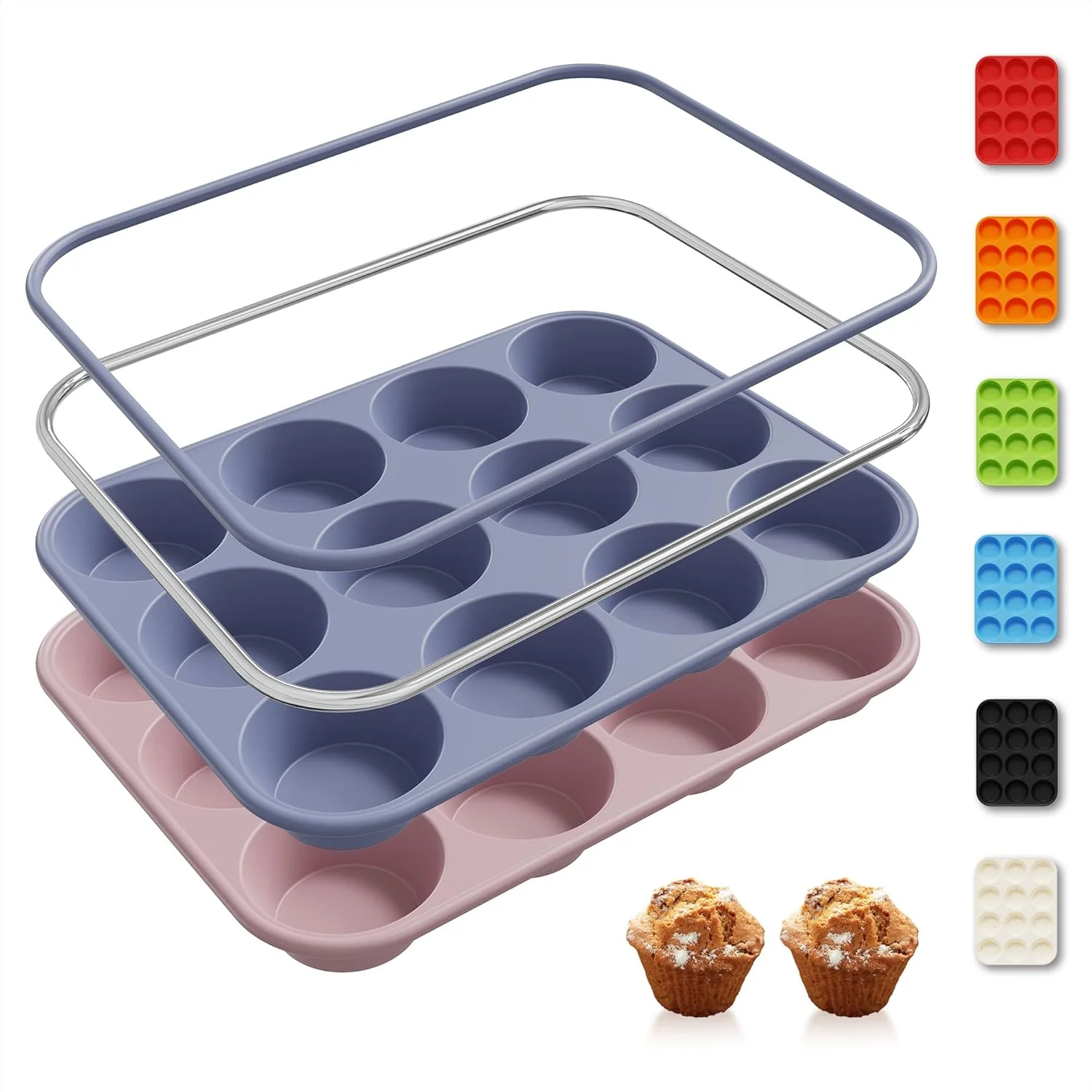 Prestigious 2 Pack 12 Cups Silicone Muffin Pan with Metal Reinforced Frame Regular Size Silicone Molds Cupcake Cake Baking Pans Baking Cupcake Mold Baking High-Quality