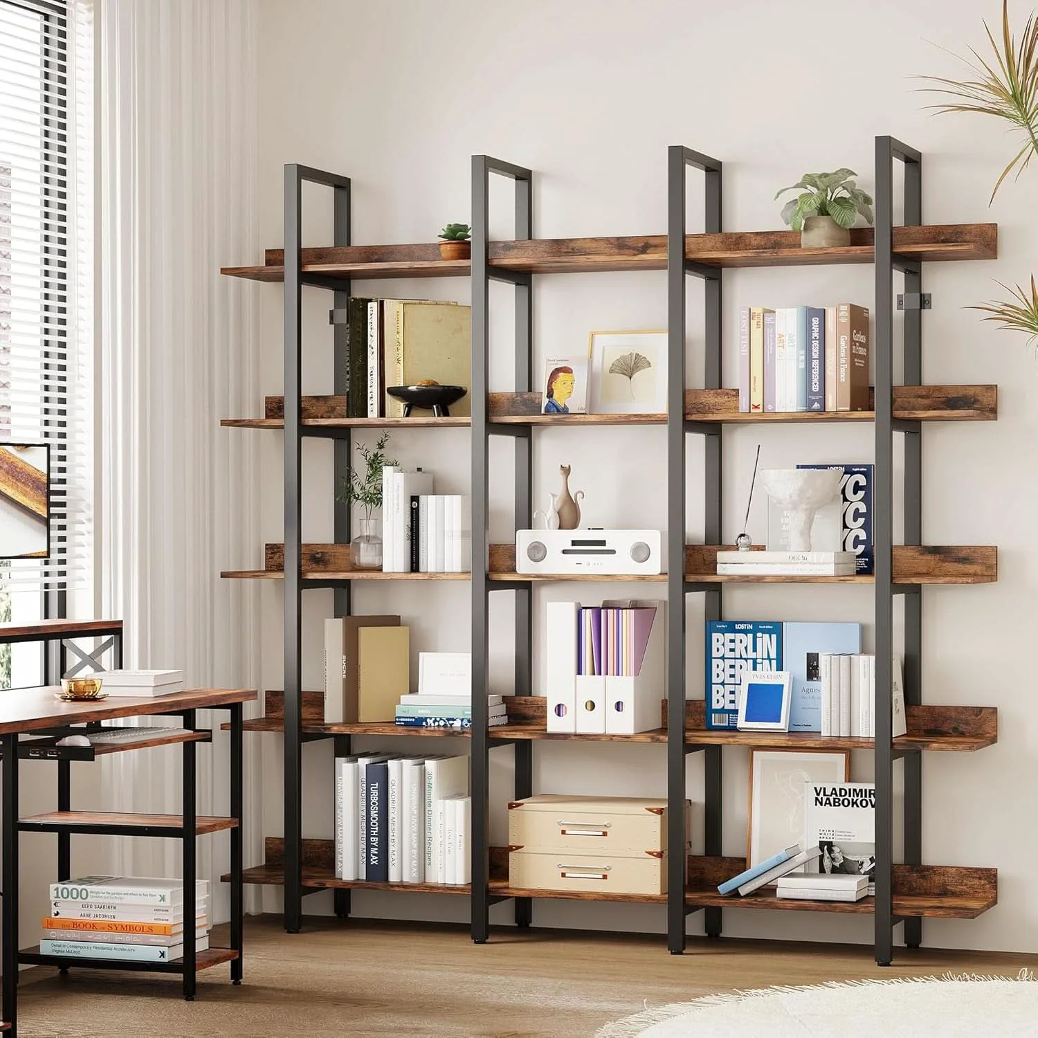Exceptional Triple Wide Floorstanding Large Bookcase Vintage Brown Advanced