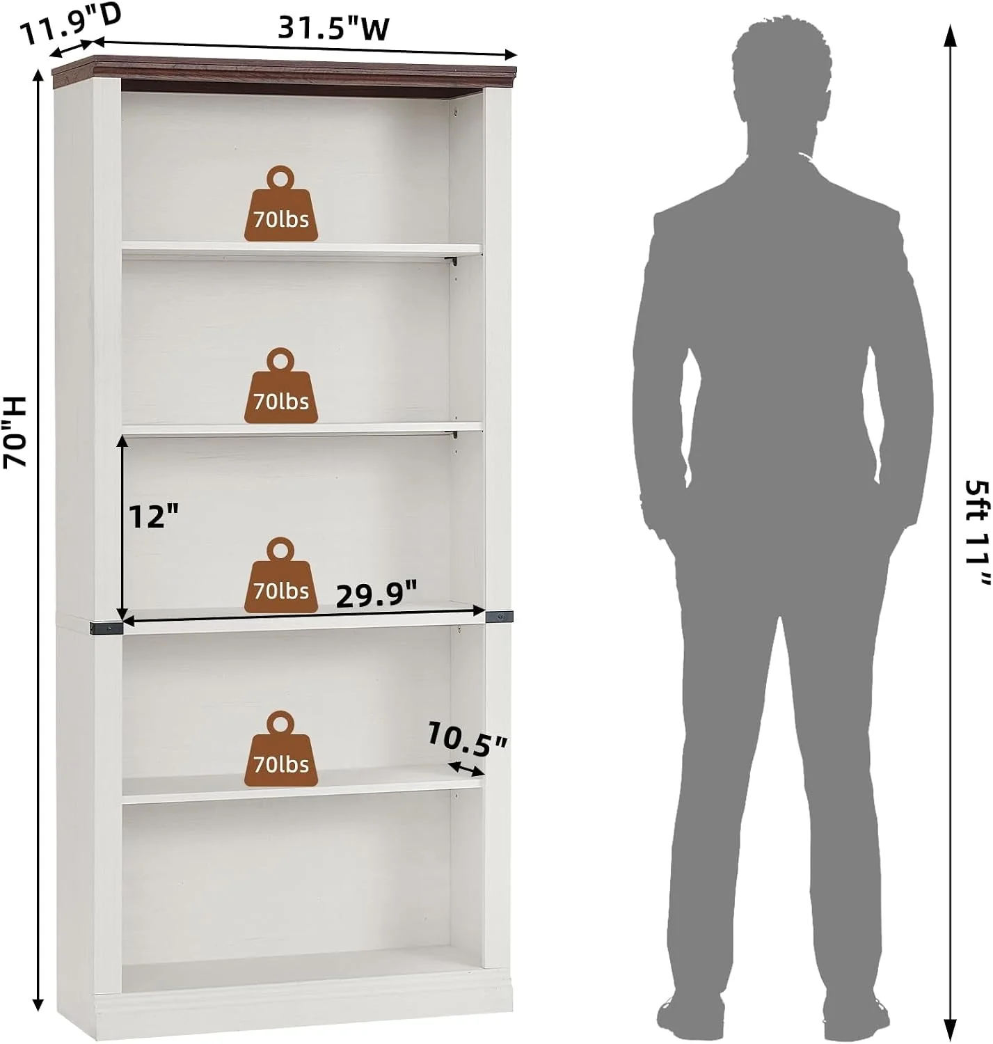 Elite White Five Tier Bookcase Featuring Adjustable Shelves Effective