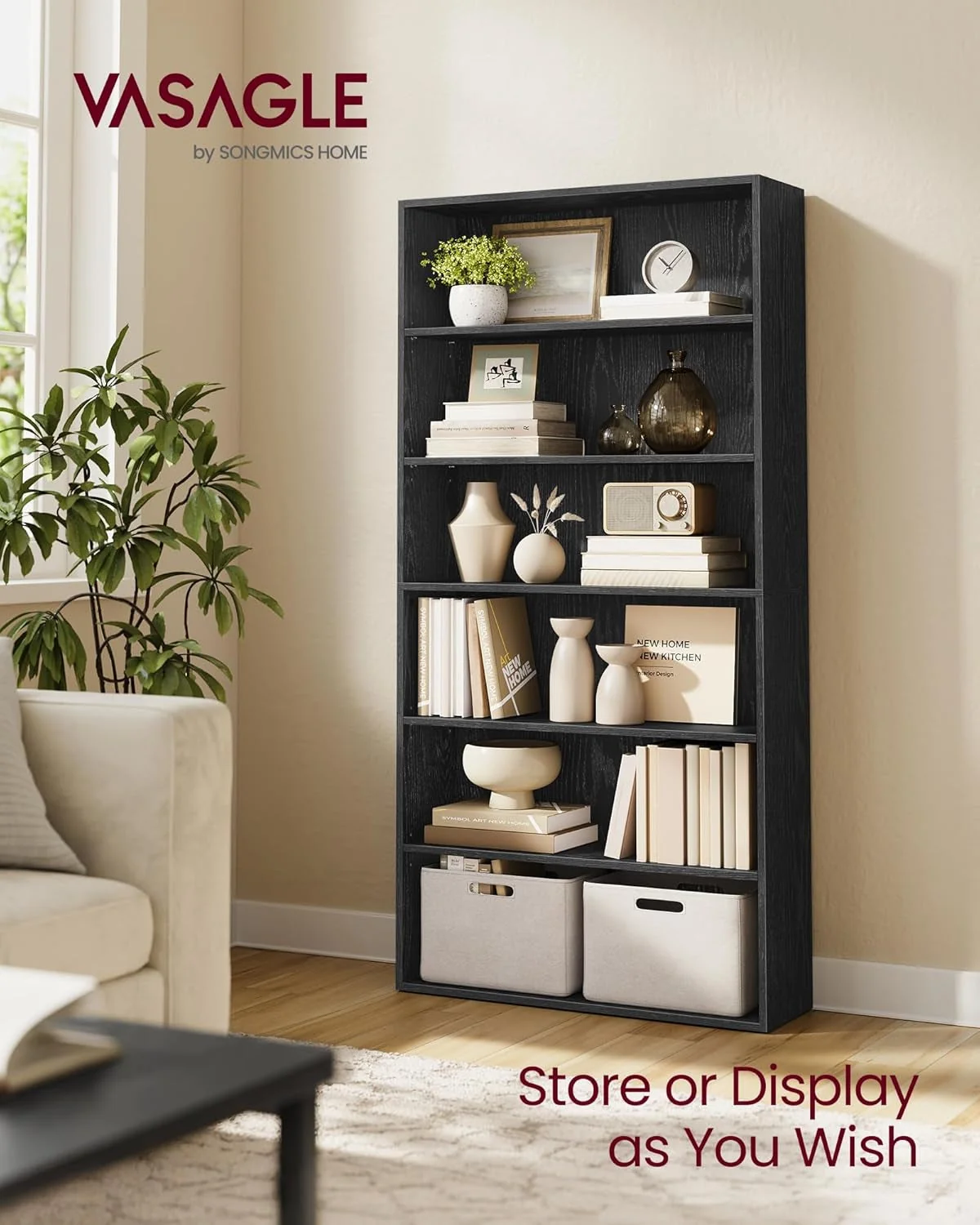 Recyclable Ebony Black standing Six Tier Bookcase Shelving Powerful