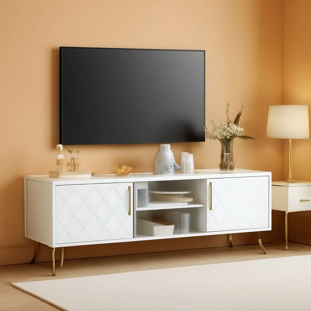 Secure White Solid Wood TV Stand 60Inch Entertainment Center Carefully Designed