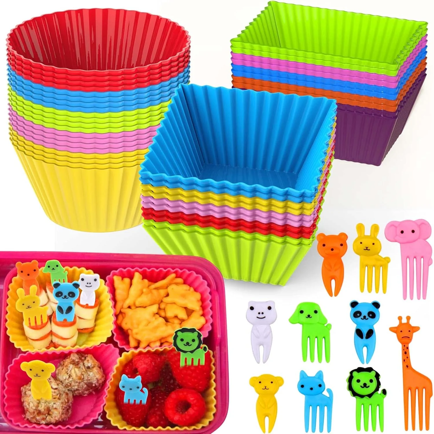 Versatile Xangnier 60 Pcs Silicone Lunch Box Dividers with Animal Food Picks Reusable Lunch Bento Box Accessories for Kids Lunchbox Supplies Accessories Fine