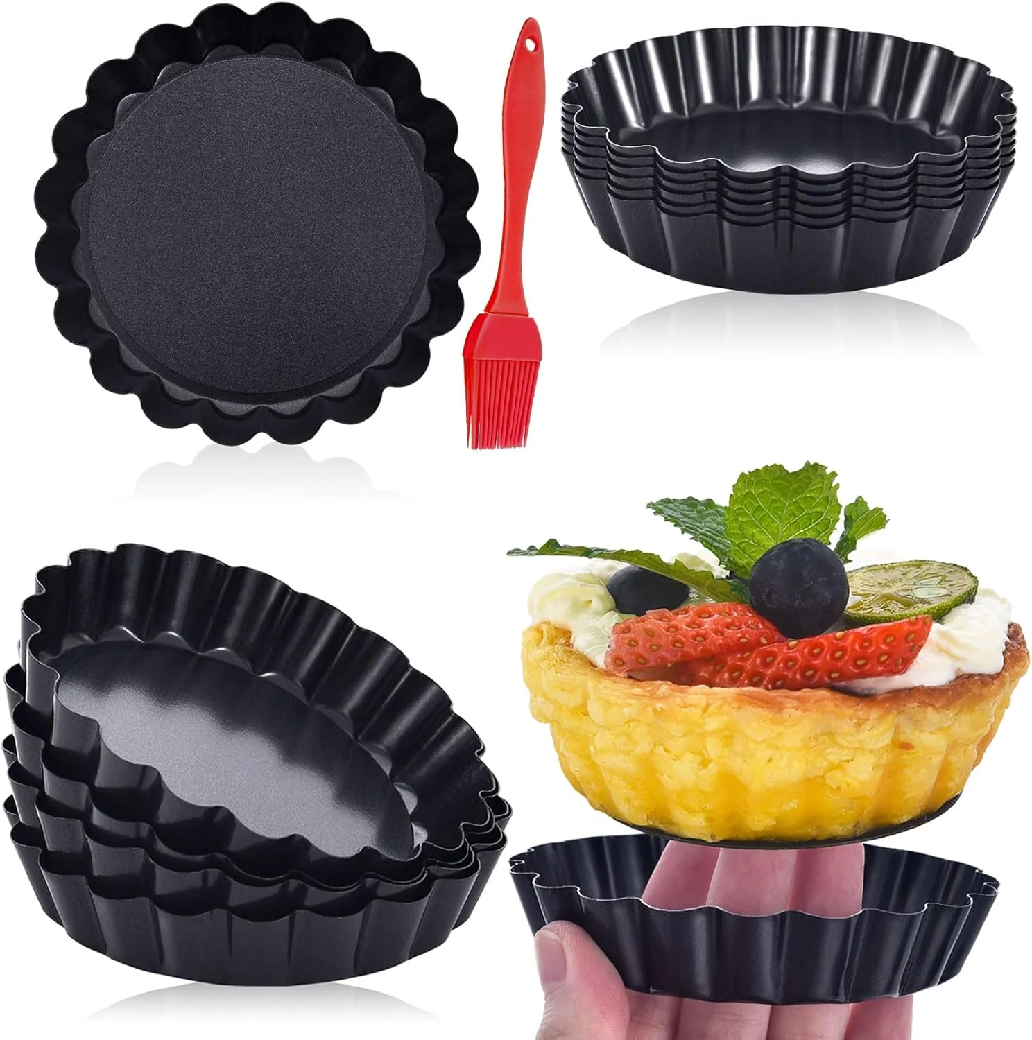 Reusable Datanya 16 Pack Mini Tart Pans 4 Inch with Removable Bottom Round Nonstick Quiche Pan Heavy Duty Fluted Side Tart Molds for Pies Mousse Cakes Organic