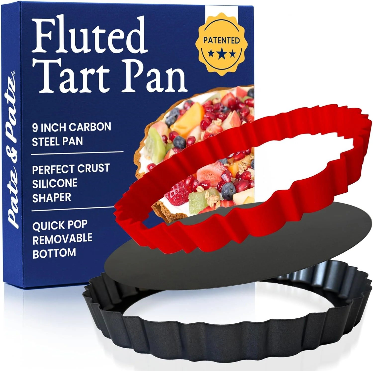 Top-Quality Patz Patz Fluted Tart Pan 9 Inch Removable Bottom with Patented Silicone Crust Shaper Nonstick Carbon Steel Quiche Baking Dish Innovative