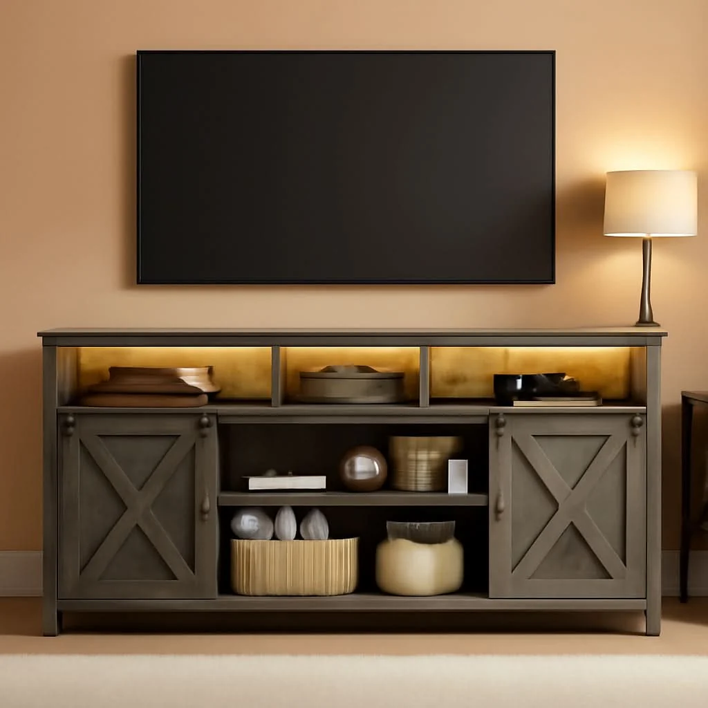 Soft Wooden Farmhouse TV Stand 70 Inch With Double Storage Flexible