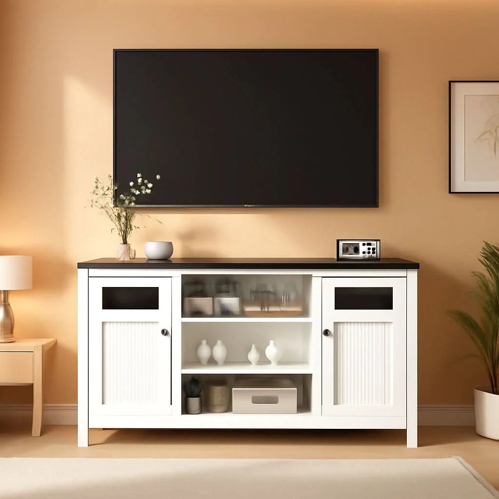 Clean White TV Stand 63 Inch Modern Hidden Storage Console Certified