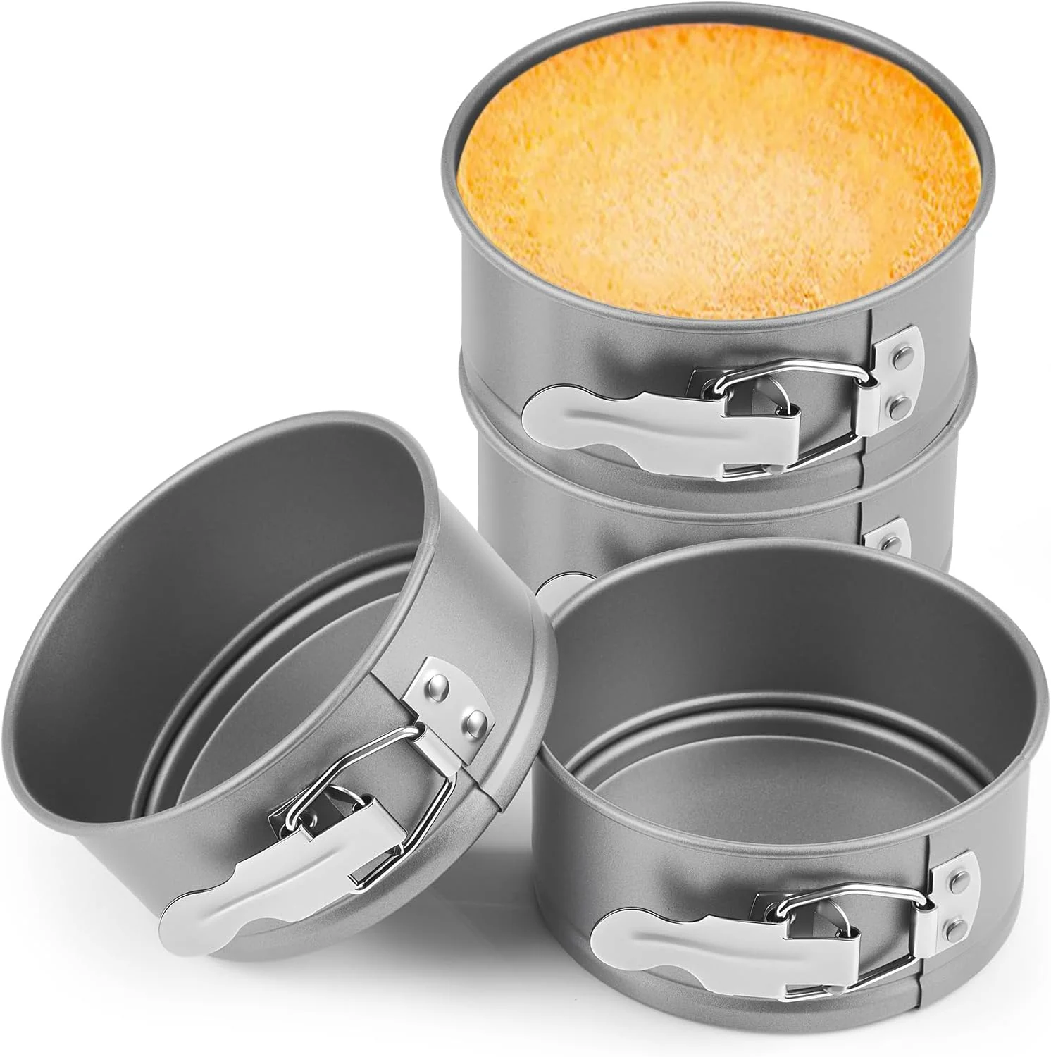 Lightweight 4 Pcs 4 Inch Non Stick Springform Pan with Removable Bottom Carbon Steel Round Springform Cheesecake Pan with Stainless Steel Spring Buckles for Authentic