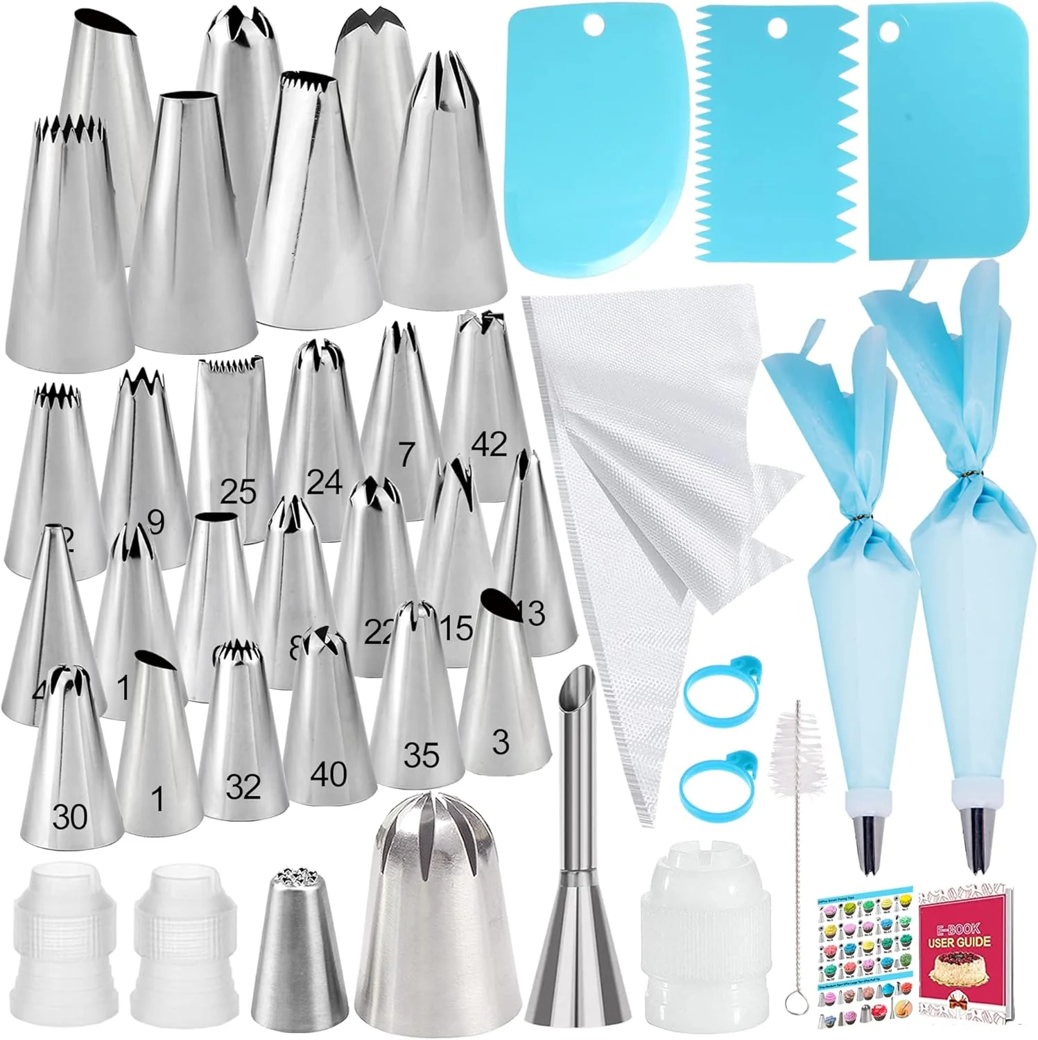 Organic Piping Bags and Tips Set – 50Pcs Cake Decorating Supplies Kit with Icing Frosting Nozzles Icing Scrapers Reusable Disposable Pastry Bags Refined