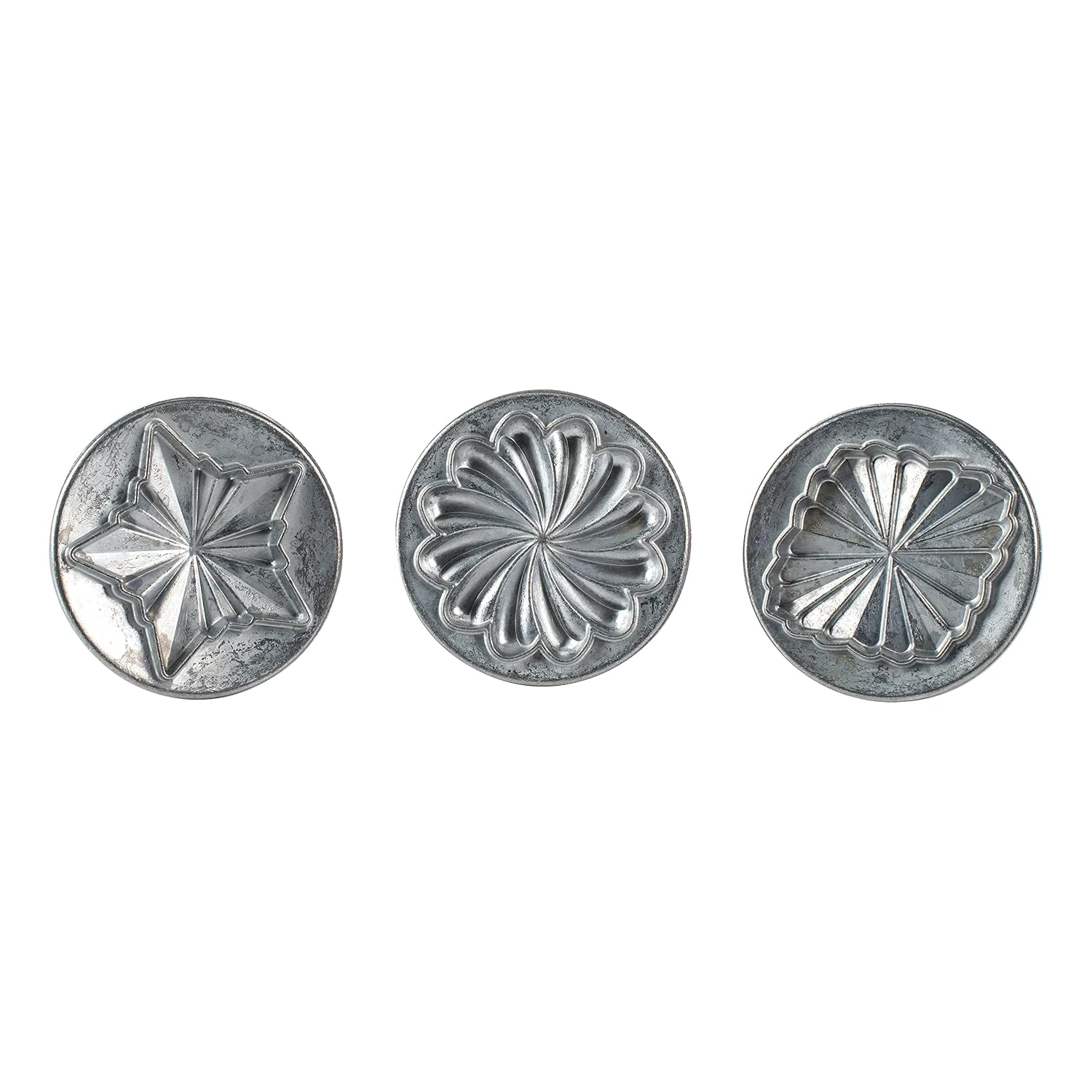 Traditional Nordic Ware Pretty Pleated Cookie Stamps Silver Cast Aluminum with Wood Handles Grey 3-Piece Elite
