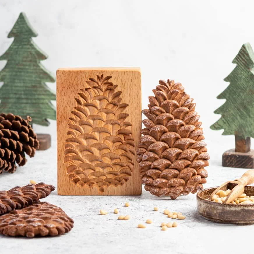 Innovative Wooden Cookie Biscuit Mold – Carved Baking Cutter and Embossing Stamp for DIY Shapes Pine Cones Minimalist