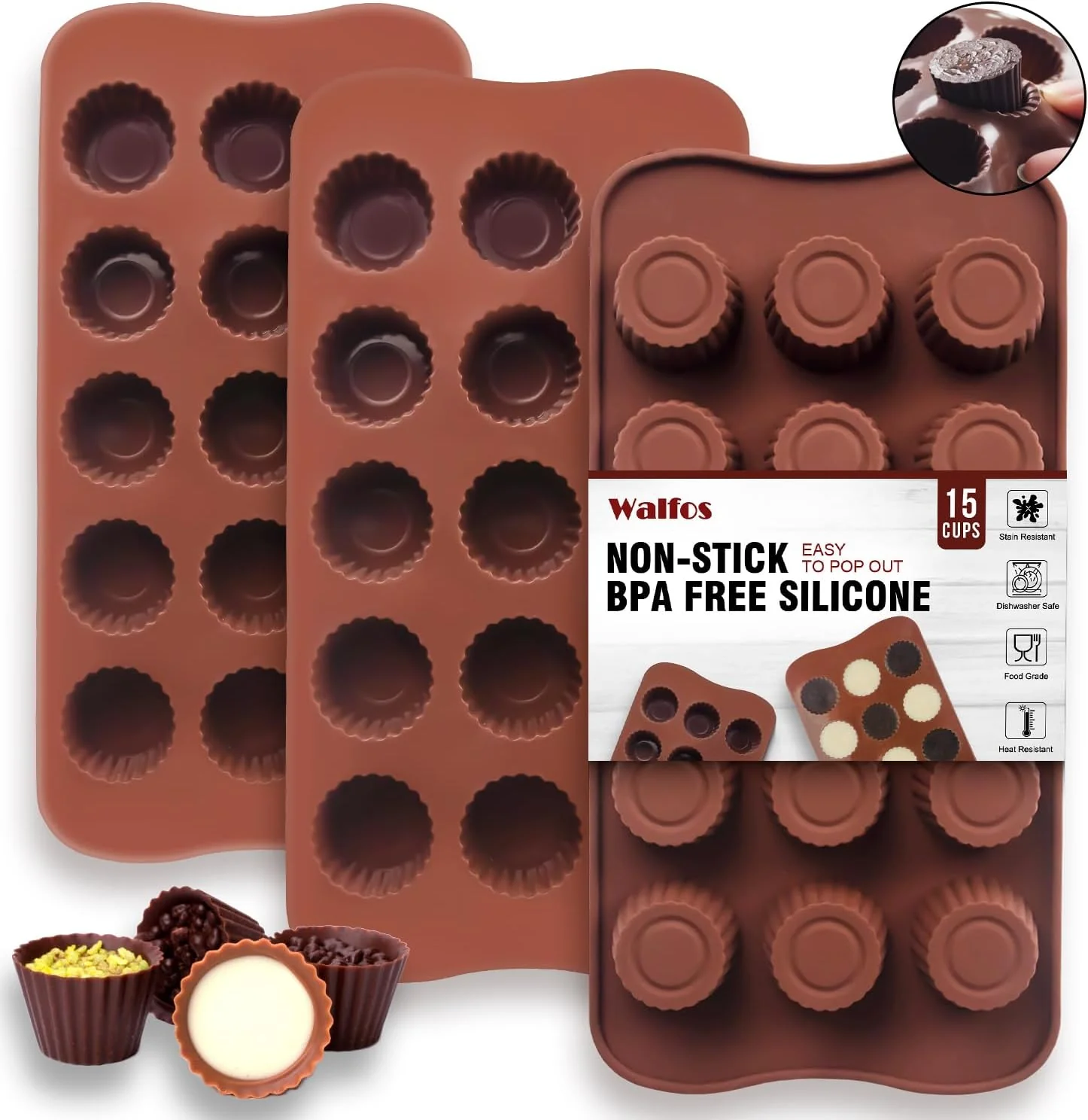 Authentic Peanut Butter Cup Mold Fat Bomb Molds Walfos Silicone Candy Mold- for Keto Fat Bomb Candy Dark Chocolate Mini Peanut Butter Cup Set of 3 Genuine