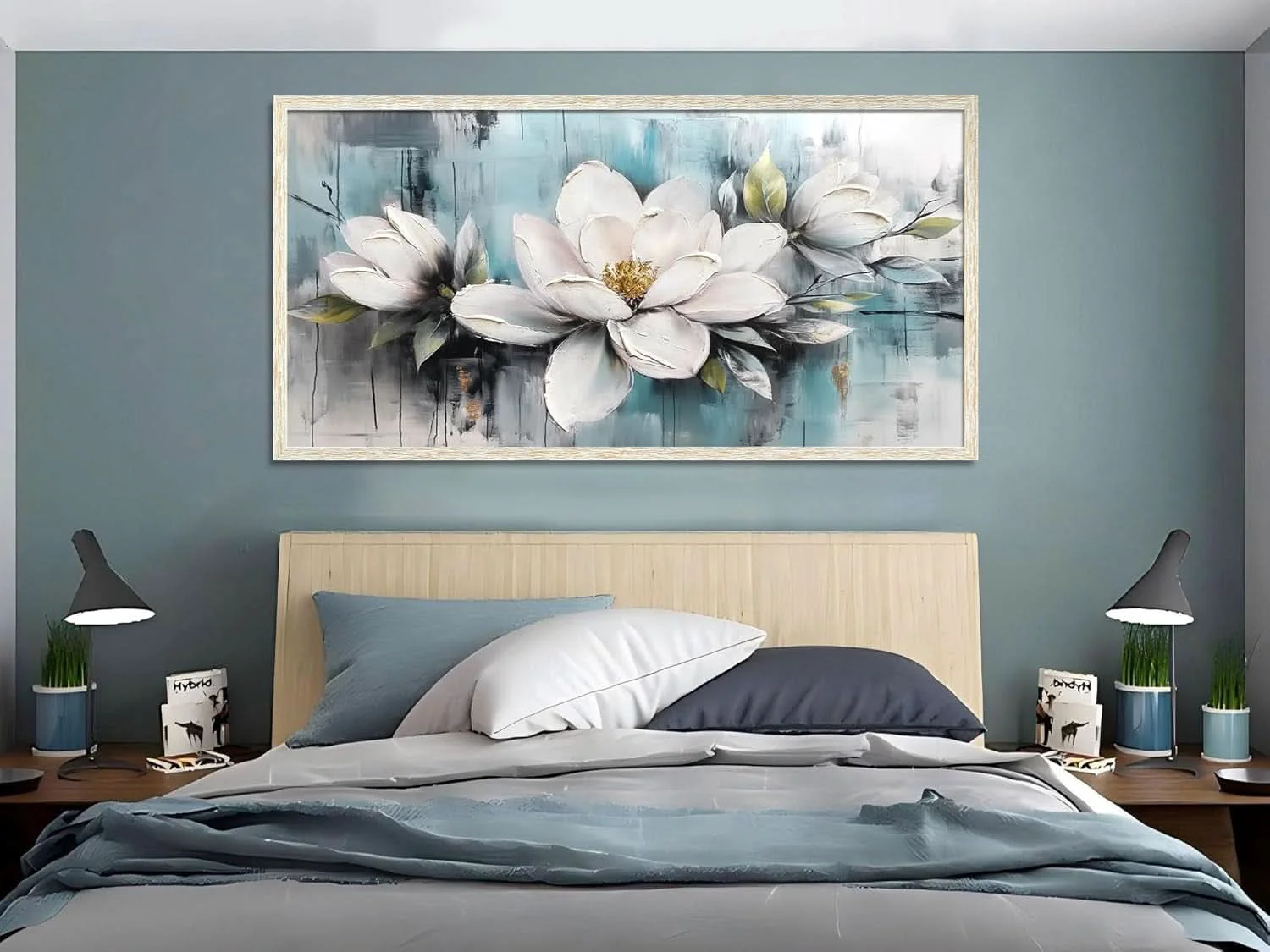 Classic Framed Magnolia Wall Art 40×20 MoonstoneTeal Textured High-Quality