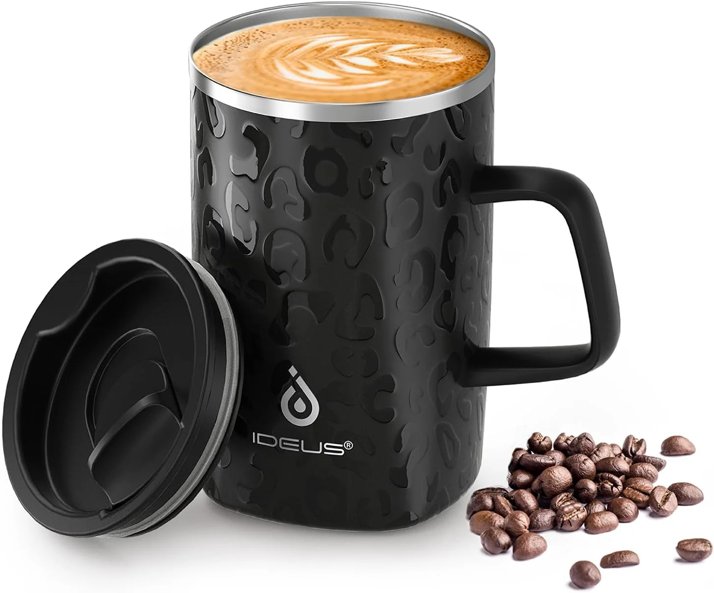 Flexible Ideus Vacuum Insulated Coffee Mug 16oz Reusable Stainless Steel Thermal Double Walled cup with Handle and Slider Lid for Hot Cold Beverages Convenient